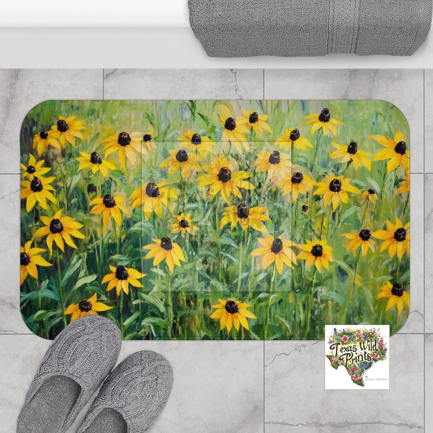 Blooming Black-eye Susan Texas Wildflower Bath Mat Floral Art Print Premium Memory Foam Soft Microfiber Bathroom Decor 24x17 34x21