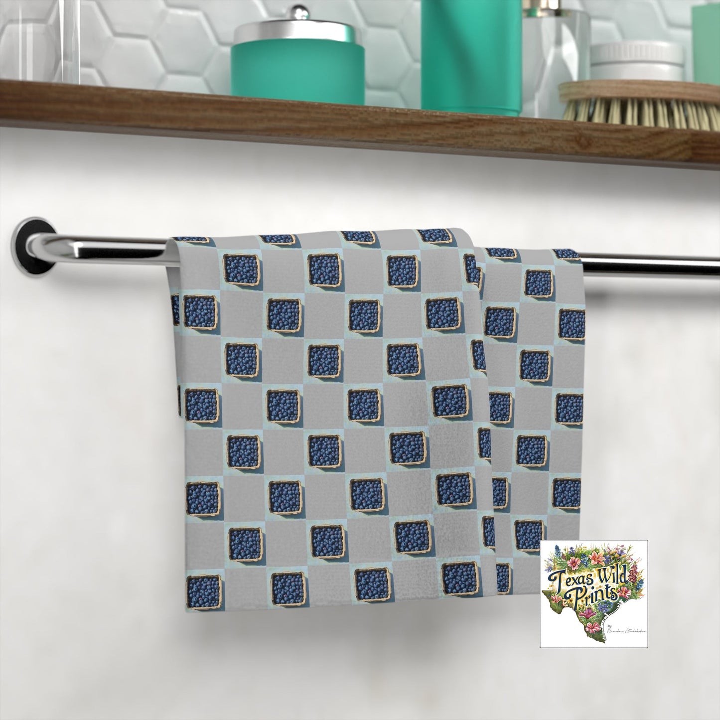 Blueberry Carton Pattern Towel Farmhouse Kitchen Accent 13x13 Inch Face Cloth Unique Food Theme Decor Fun Fruit Print Design Novelty Gift