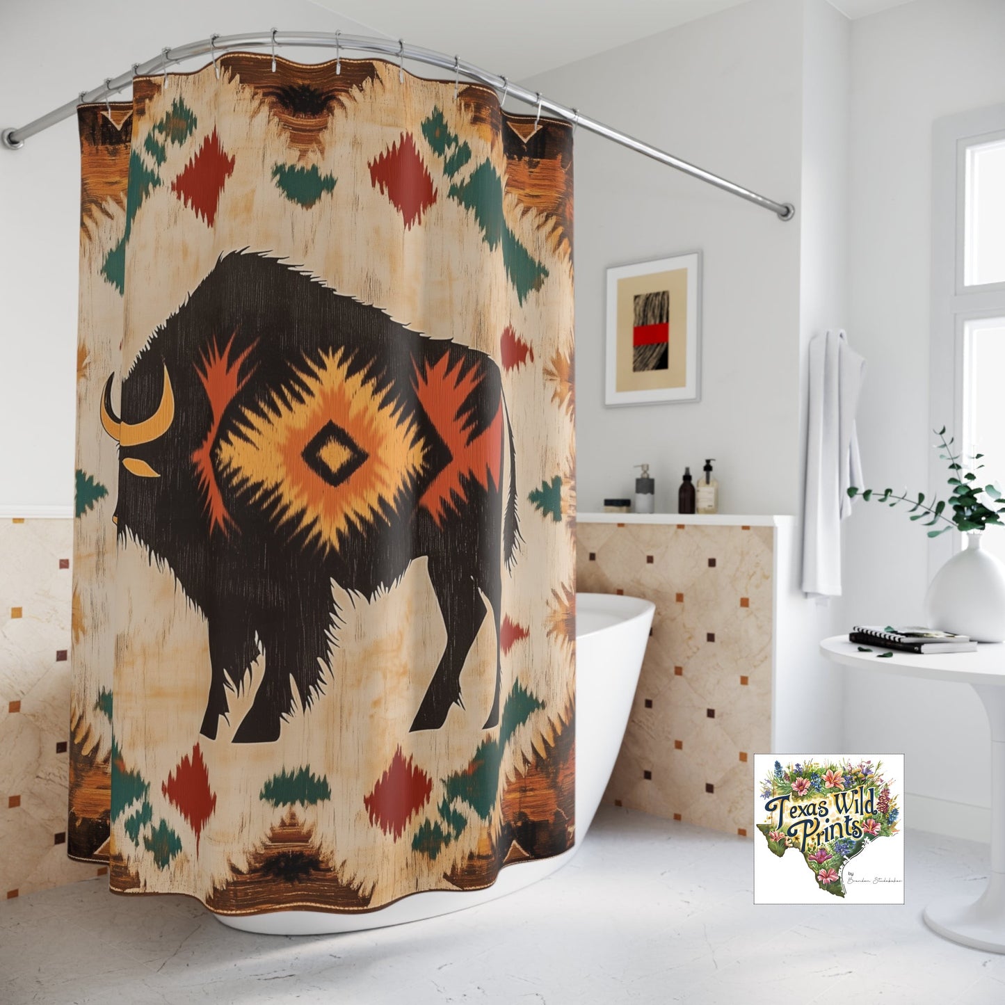 American Bison Print Shower Curtain Southwestern Tribal Style 71x74 Inch Boho Farmhouse Bath Decor Rustic Wildlife Art Gift