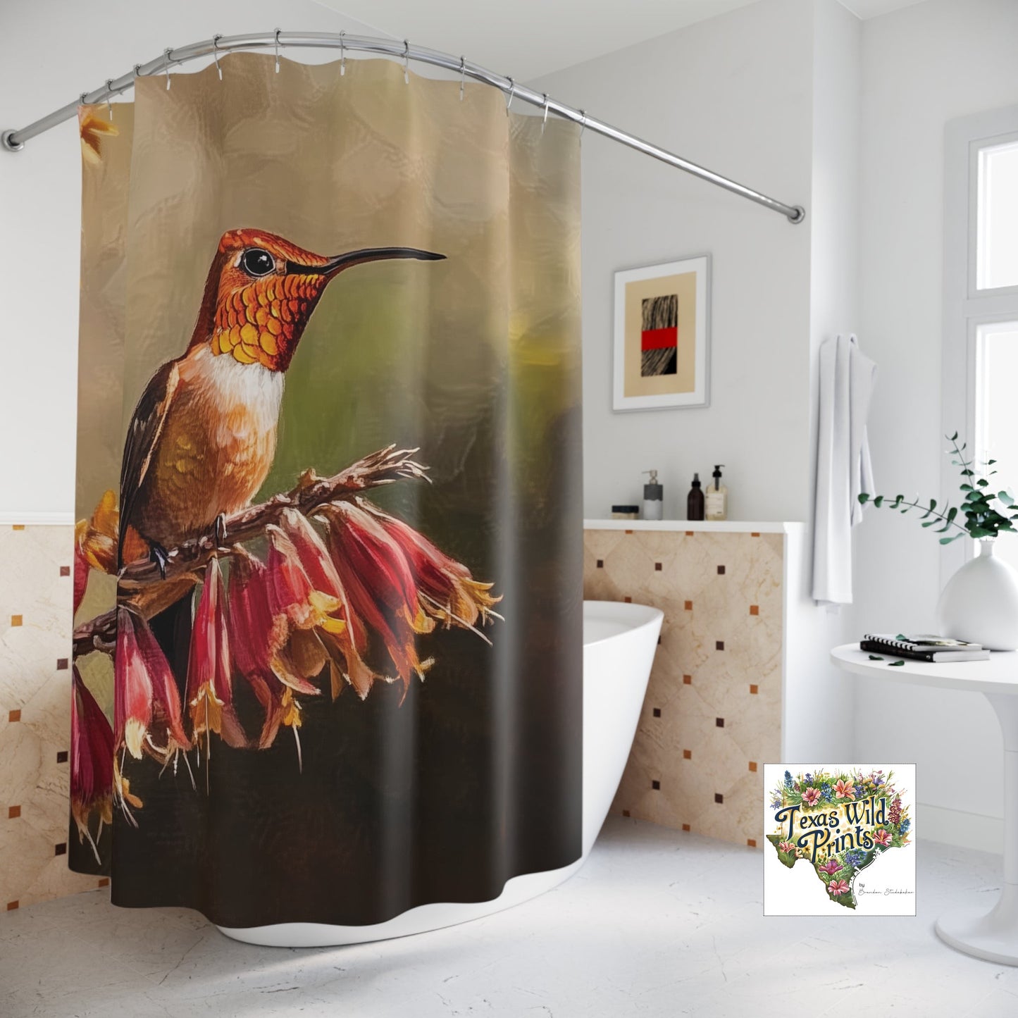 Hummingbird Red Yucca Shower Curtain Texas Native Floral Bird Print 71x74 Inch Fabric Nature Inspired Bath Popular Gifts for Women Unique Home Decor