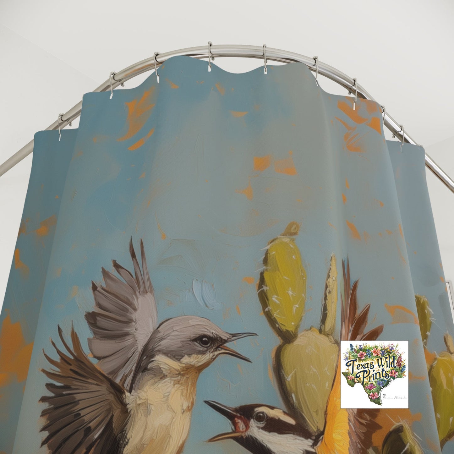 Unique Bird Fight Shower Curtain Original Mockingbird vs Kiskadee Art Long-Lasting Polyester Custom MTO 71x74 Nature Bathroom Decor