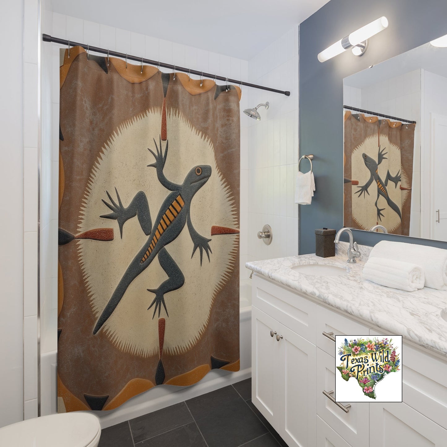 Unique Southwestern Sand Art Lizard Shower Curtain Tribal Inspired Design 71x74 Inch Desert Decor Inspirational Spiritual Gift Artistic Bathroom