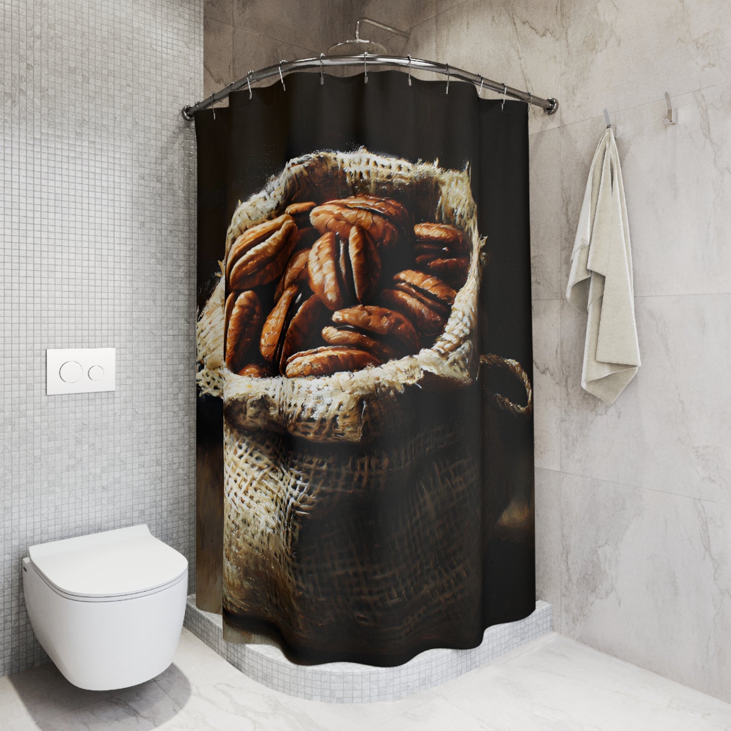 Pecan Filled Burlap Sack Shower Curtain Unique Still Life Art Print 71x74 Inch Rustic Farmhouse Minimalist Gift for Artist Home Accent Kitchen Bath