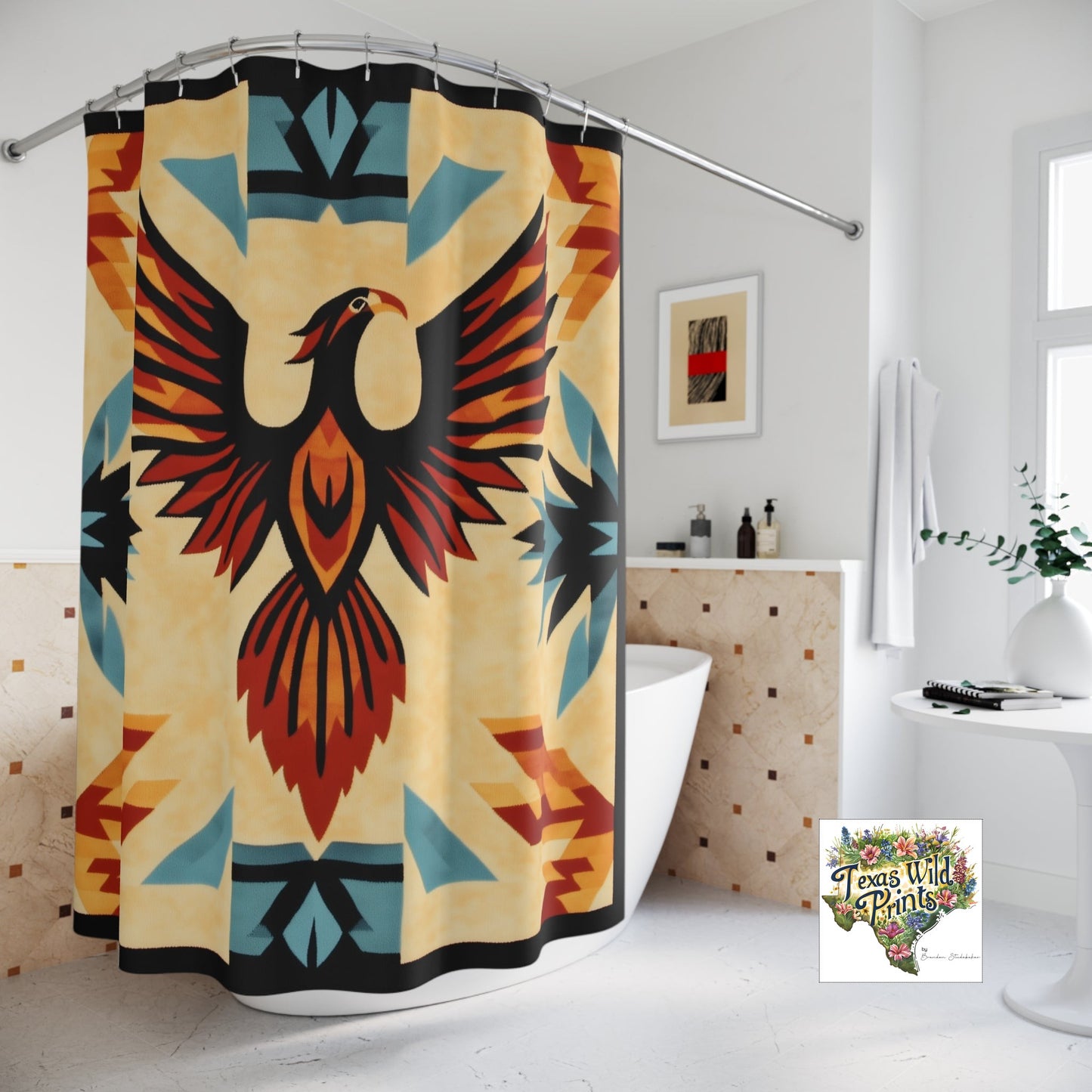 Rising Phoenix Shower Curtain Southwestern Tribal Inspired Print 71x74 Inch Boho Bathroom Decor Transformation Gift Spiritual Renewal