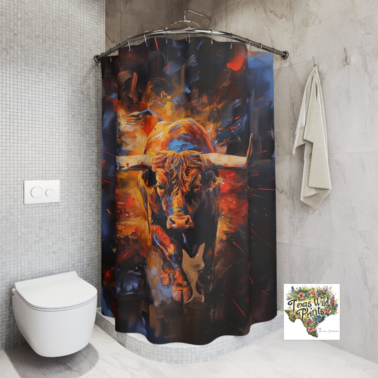 Vibrant Fire Bull Shower Curtain Charging Texas Longhorn Illustration 71x74 Inch Modern Ranch Western Interior Memorable Unique Gift Rustic Southwest Decor