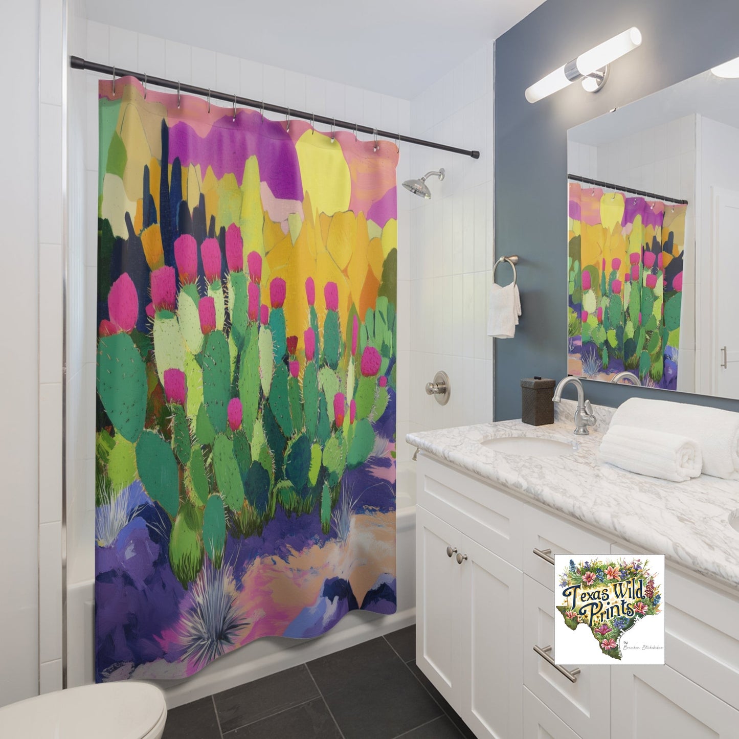 Contemporary Prickly Pear Cactus Shower Curtain 71x74 Inch Modern Boho Southwest Desert Bath Decor Colorful Eclectic Gifts