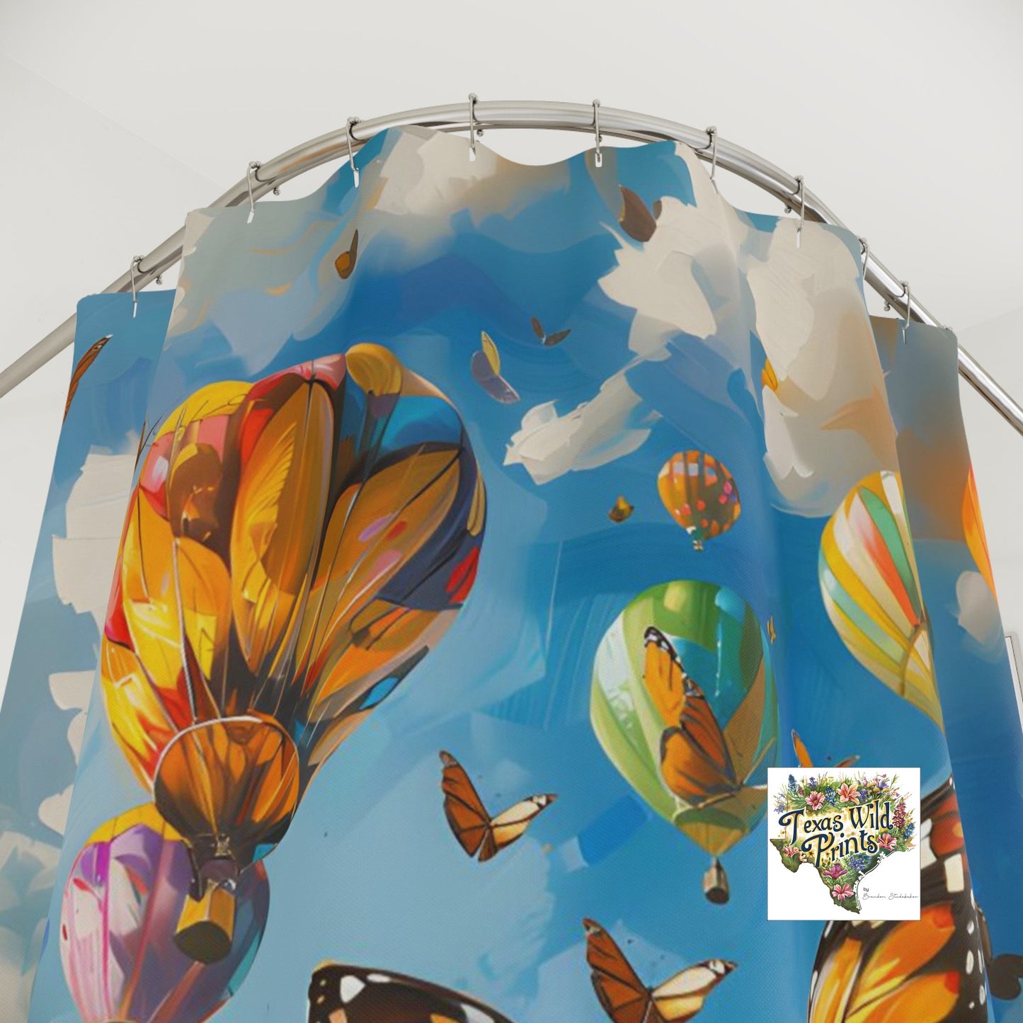 Hot Air Balloon Butterfly Shower Curtain Playful Sky Design 71x74 Inch Whimsical Home Decor Boho Chic Bath Unique Artistic Gift