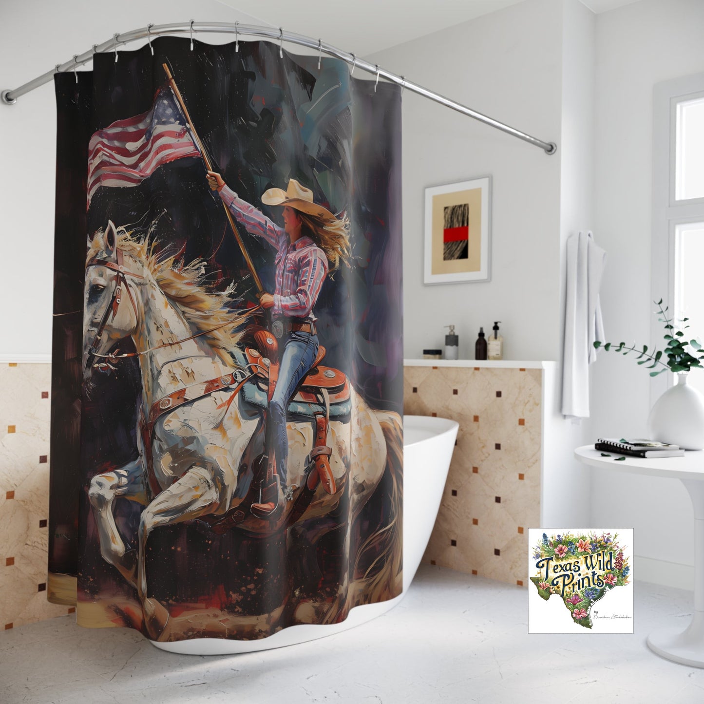 Cowgirl American Flag Shower Curtain Patriotic Rodeo Horse Art Rustic Country Bath Decor Unique Western Gift 71x74 Inch Texas Pride
