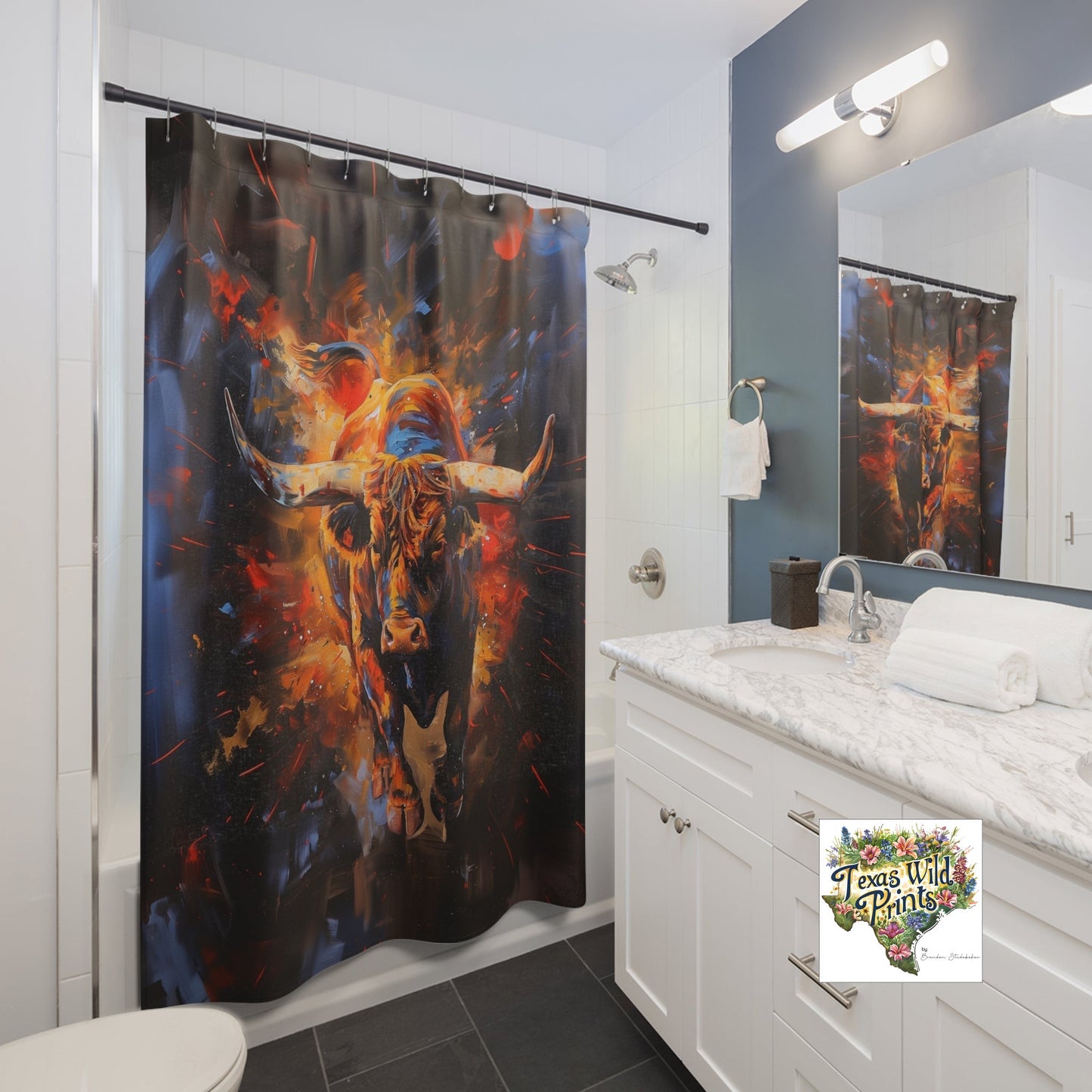 Vibrant Fire Bull Shower Curtain Charging Texas Longhorn Illustration 71x74 Inch Modern Ranch Western Interior Memorable Unique Gift Rustic Southwest Decor