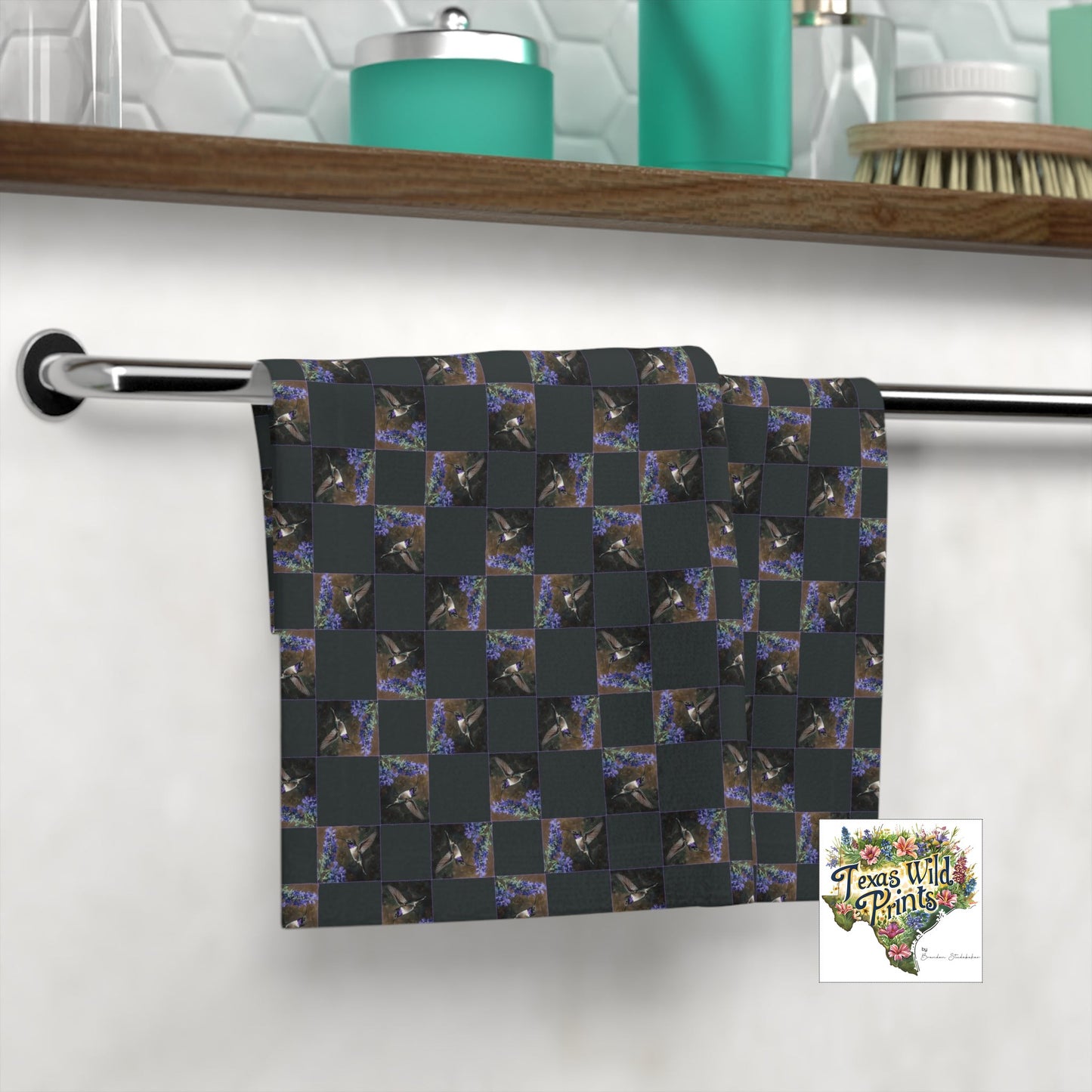 Black Chinned Hummingbird Geometric Towel Blue Sage Floral Mini Art 13x13 Bird Flower Face Towel Rustic Farmhouse Decor Southwestern Nature Lover Gift
