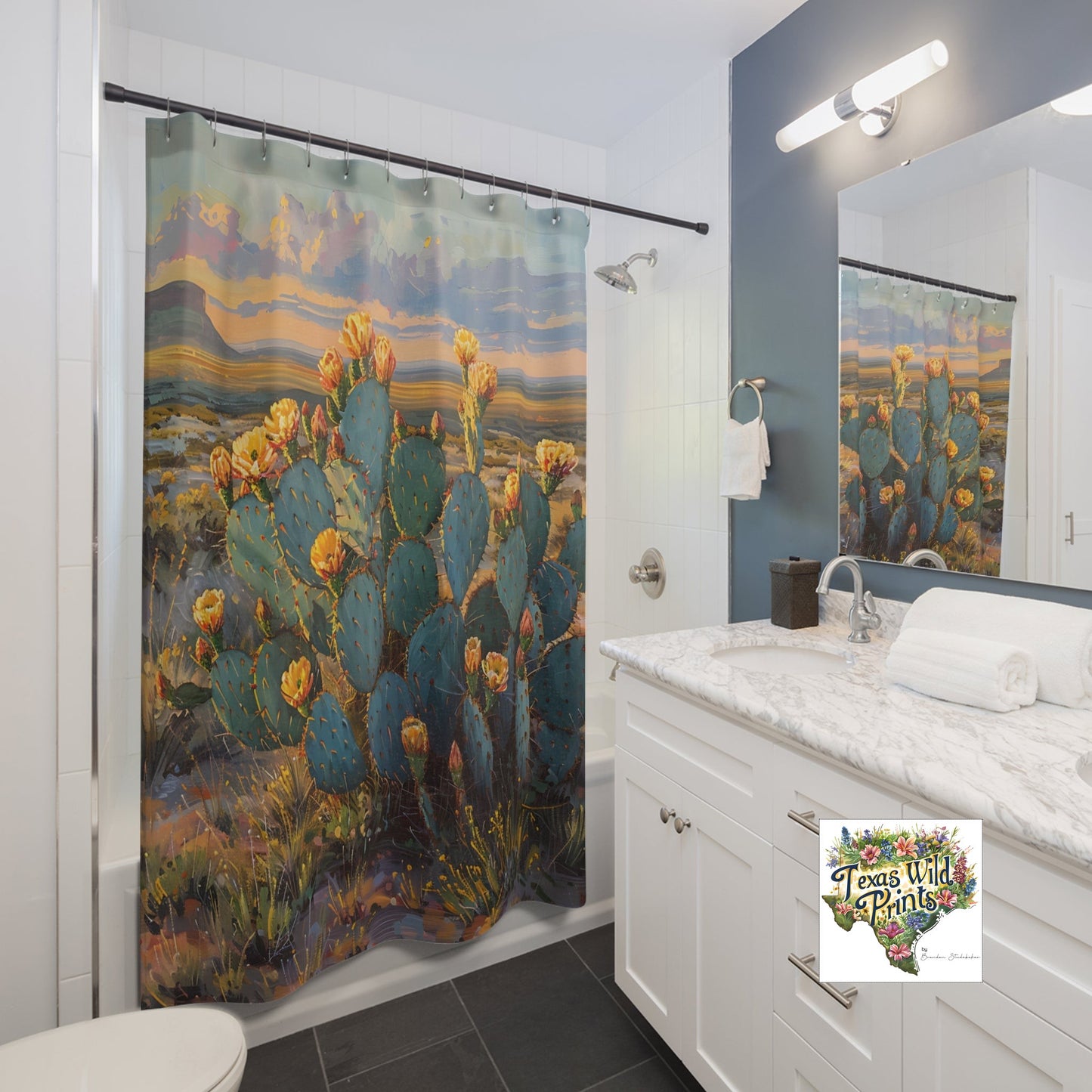 Prickly Pear Cactus Shower Curtain Yellow Floral Desert Art 71x74 Inch Arid Cactus Landscape Texas Flower Decor Southwestern Home Style