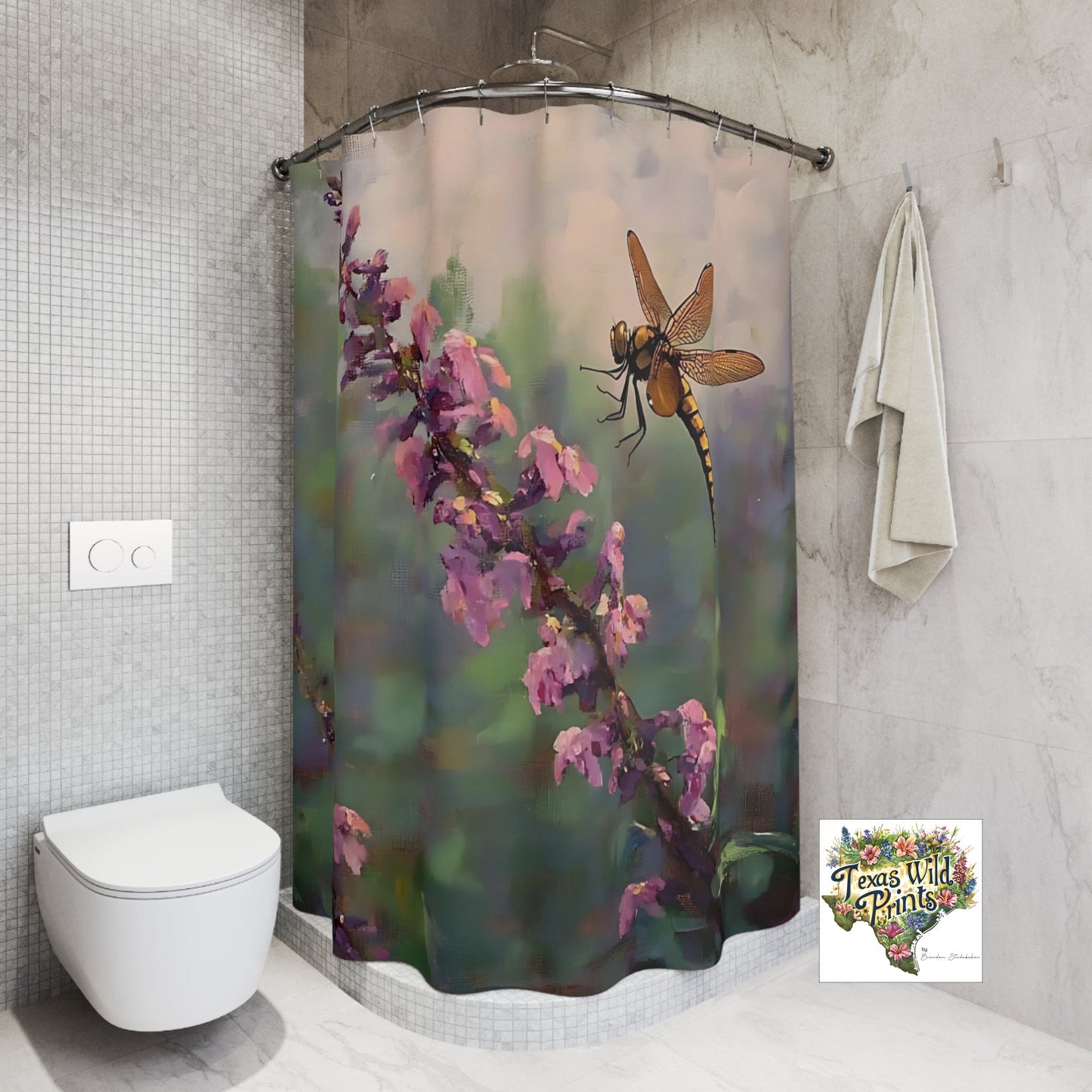 Golden Dragonfly Shower Curtain Blooming Buckeye Flower 71x74 Inch Floral Insect Bath Design Gift for Bug Lover Farmhouse Decor Pink Gold Elegant Home