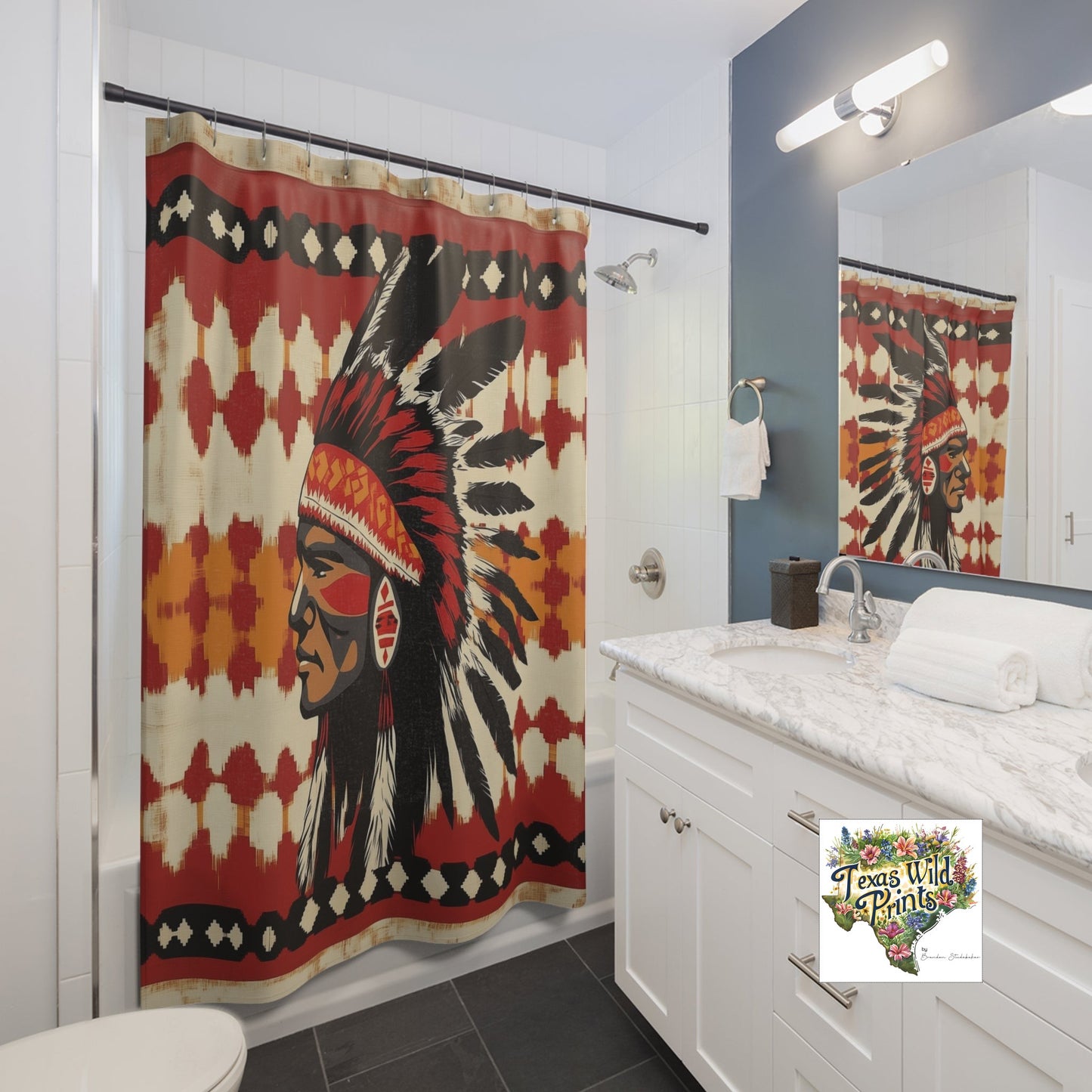 Southwestern Tribal Headdress Shower Curtain Inspired Design 71x74 Inch Desert Bath Decor Symbolic Meaningful Gift Unique Artistic Style