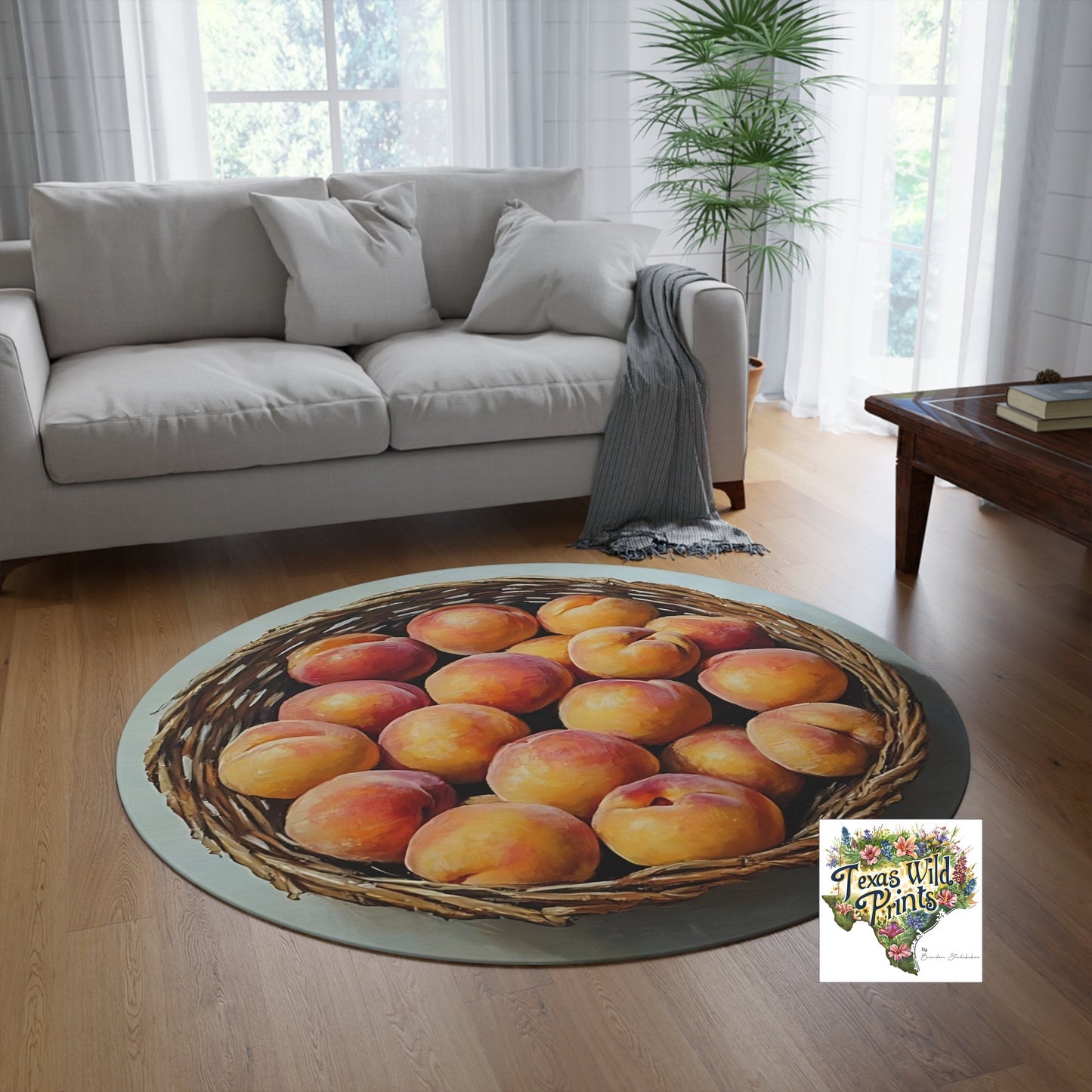Ripe Texas Peaches Woven Basket 5 Foot Area Rug Warm Tone Small Carpet Bold Farmhouse Home Decor Non-Slip Soft Chenille Farmhouse Gifts