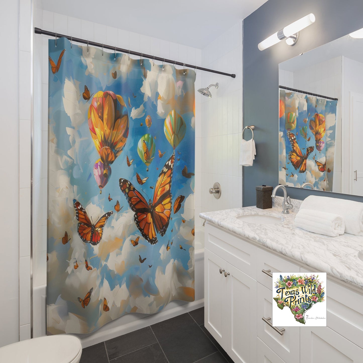 Hot Air Balloon Butterfly Shower Curtain Playful Sky Design 71x74 Inch Whimsical Home Decor Boho Chic Bath Unique Artistic Gift