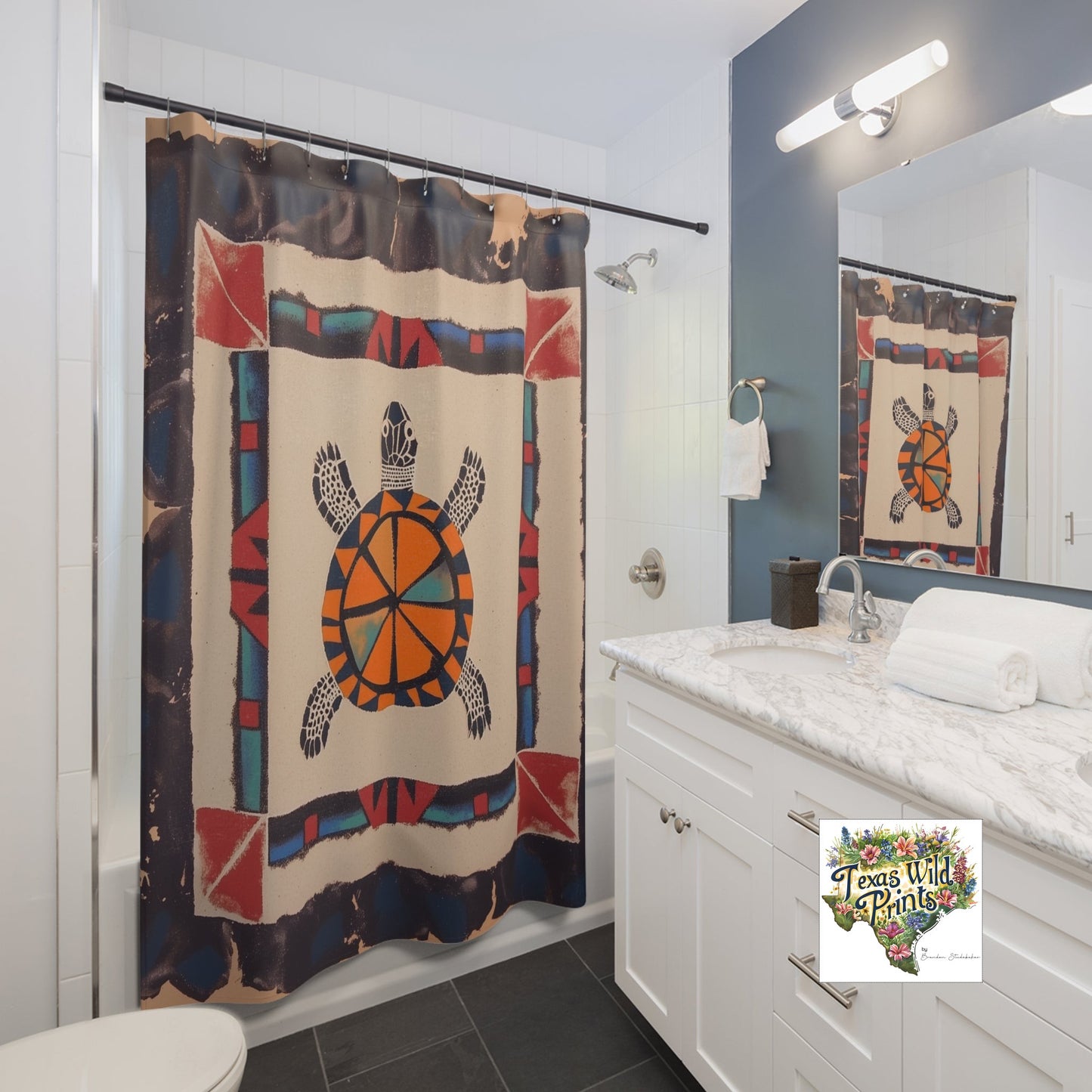 Southwestern Turtle Shower Curtain Boho Decor Wisdom Longevity Art 71x74 Inch Tribal Inspired Design Popular Gifts