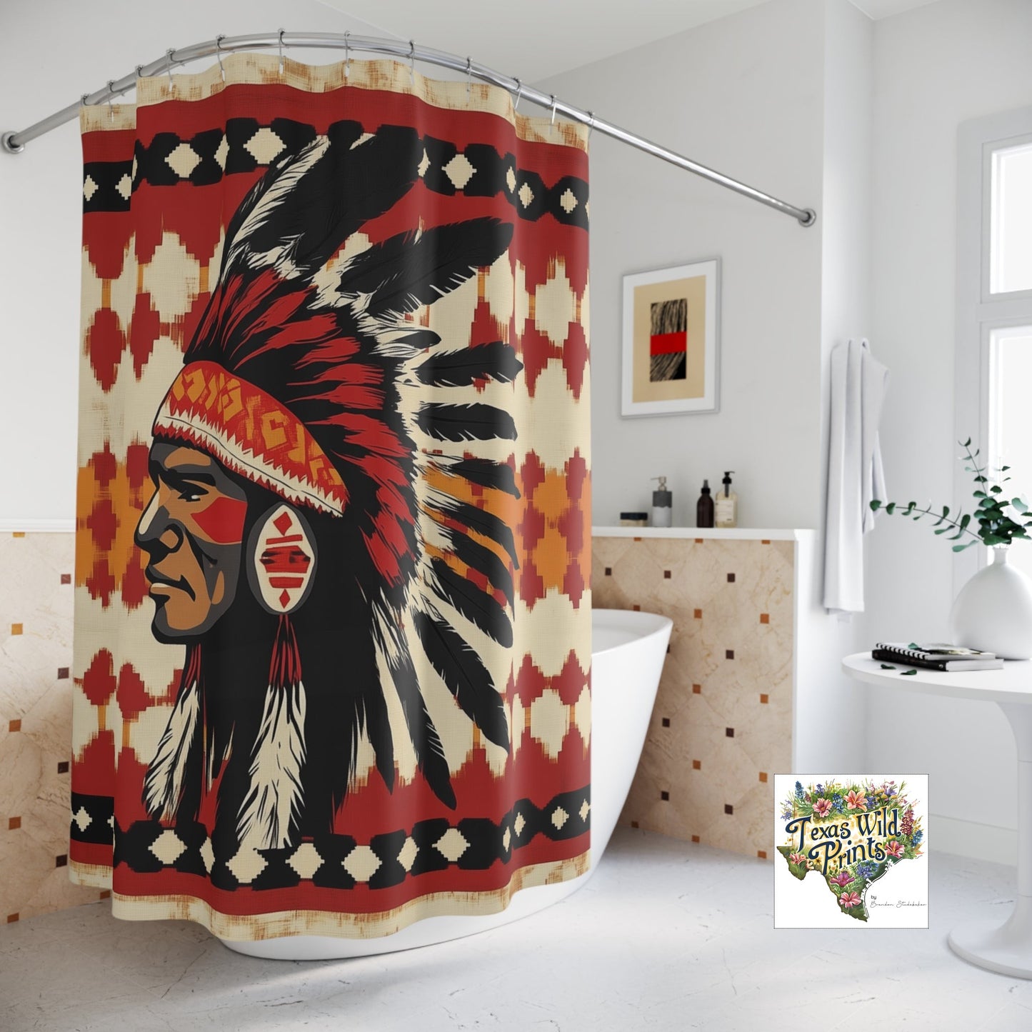 Southwestern Tribal Headdress Shower Curtain Inspired Design 71x74 Inch Desert Bath Decor Symbolic Meaningful Gift Unique Artistic Style