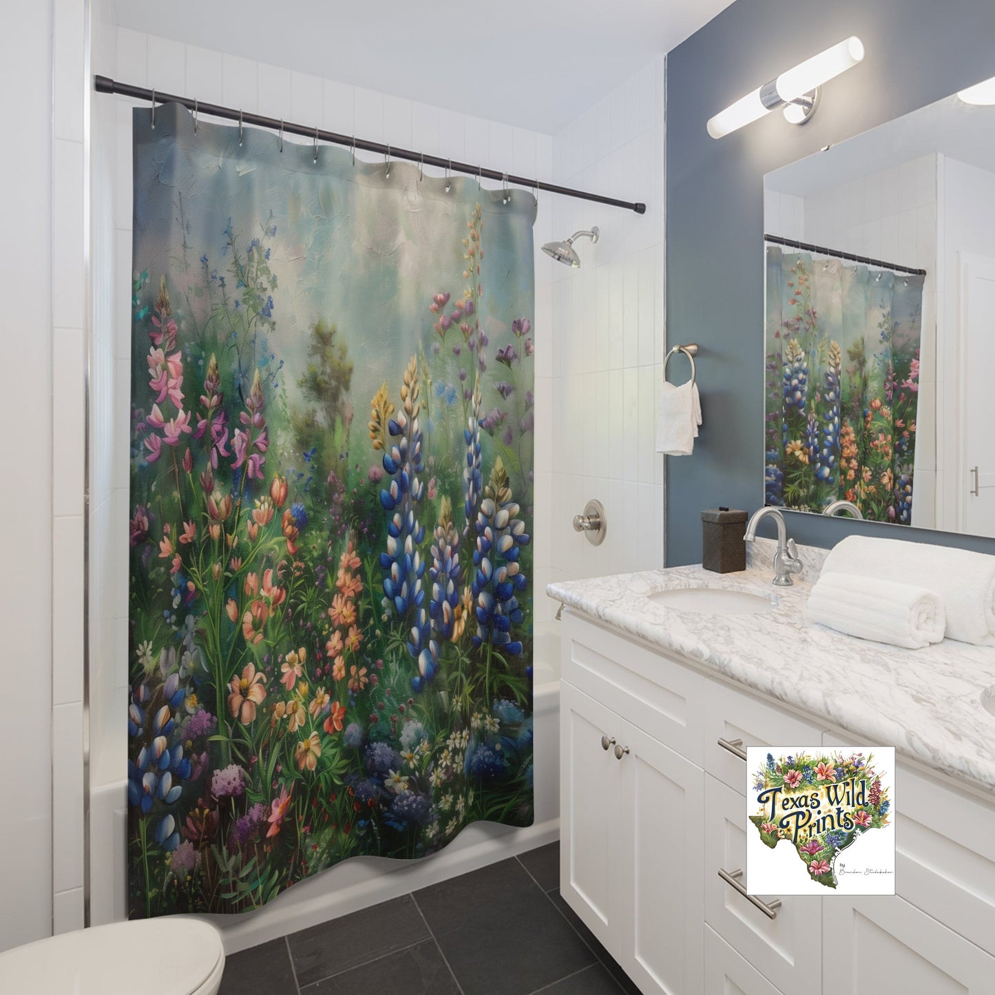 Unique Bluebonnet Shower Curtain Texas Wildflower Floral Art 71x74 Inch French Country Bathroom Decor Special Gift for Grandma Artistic Landscape