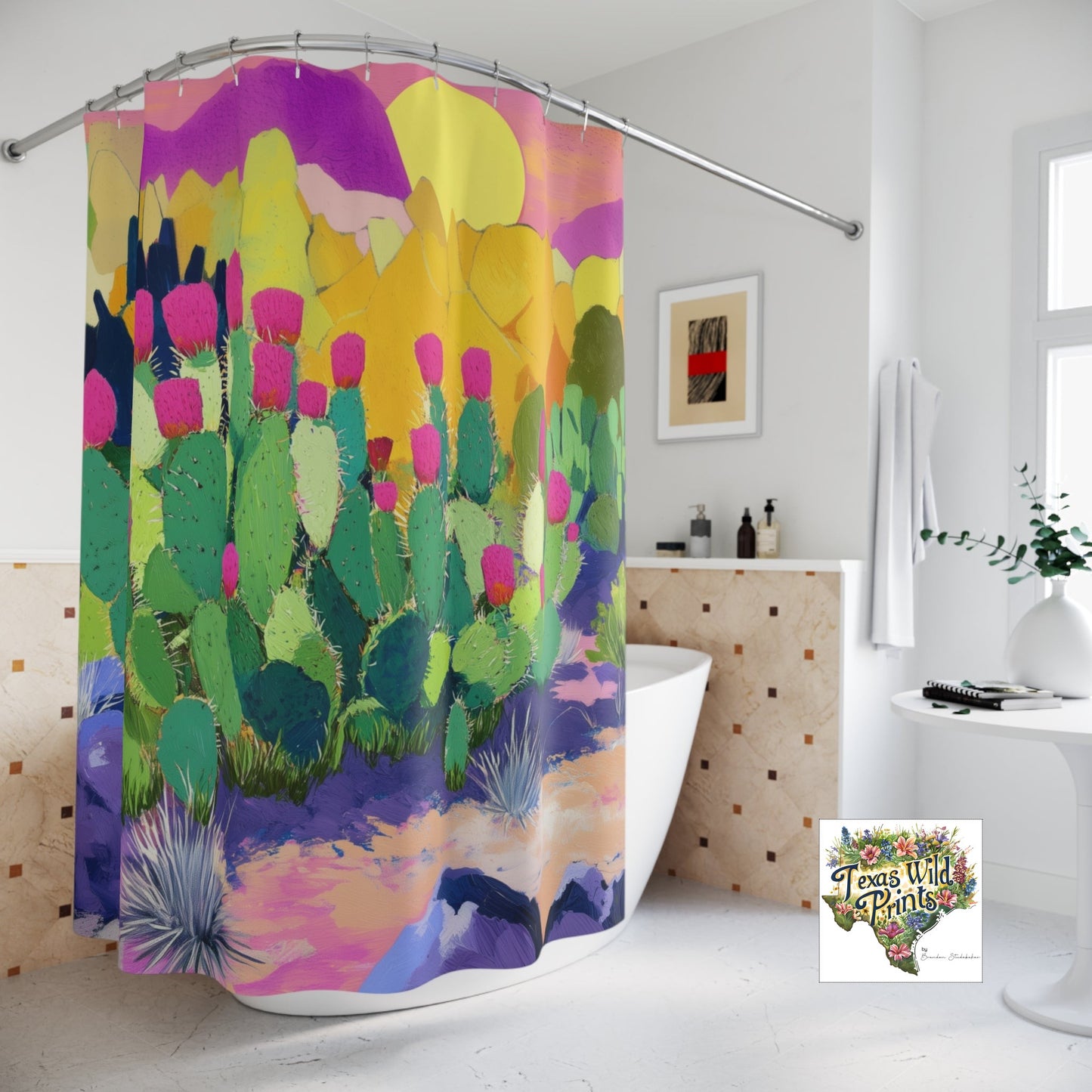 Contemporary Prickly Pear Cactus Shower Curtain 71x74 Inch Modern Boho Southwest Desert Bath Decor Colorful Eclectic Gifts