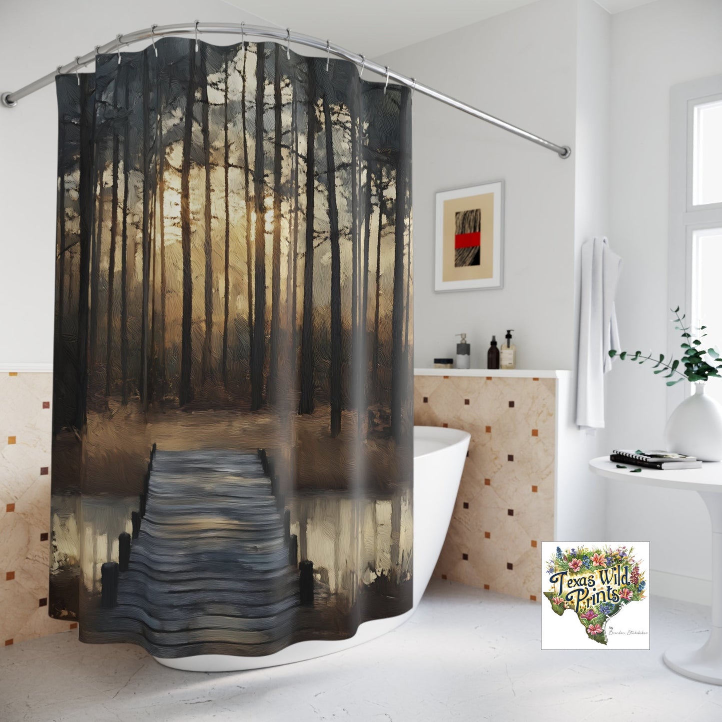 Relaxing Impressionist Forest and Pond Scene Print Shower Curtain | Premium | 71”x74” | Modern Contemporary Decor