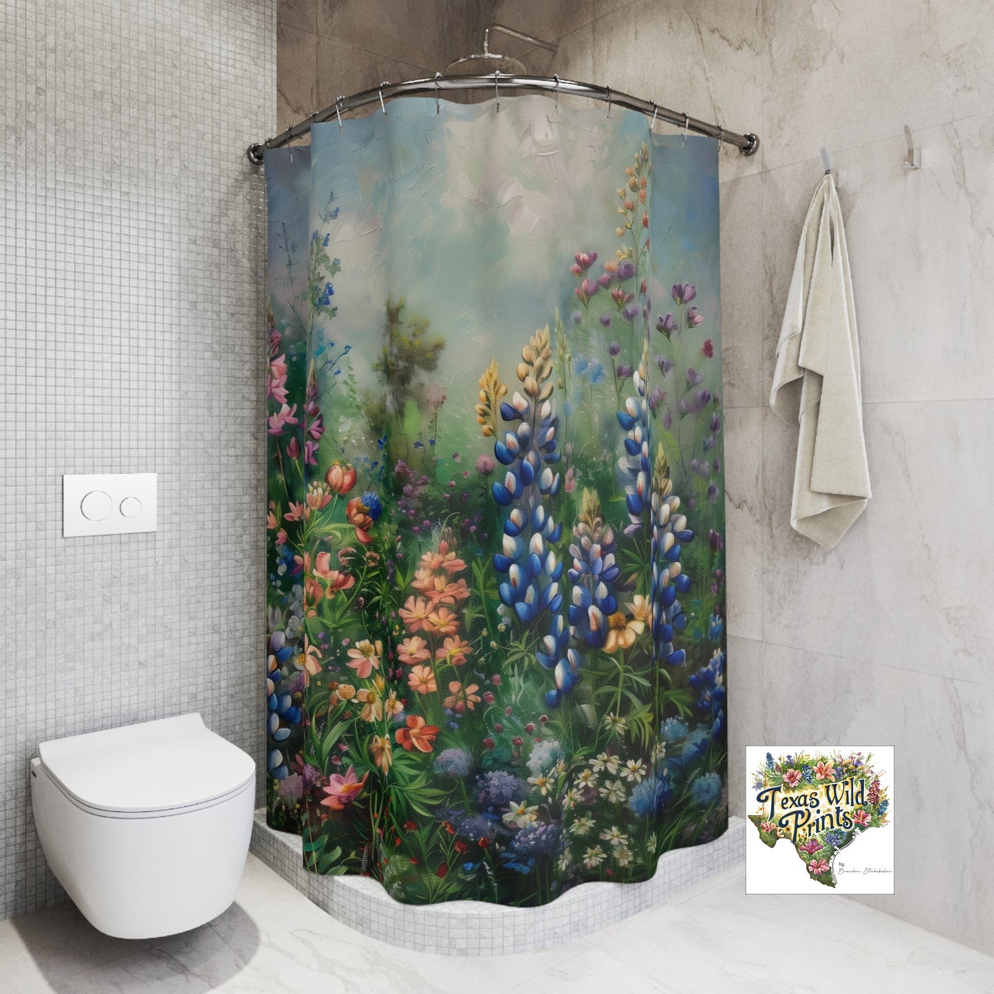 Unique Bluebonnet Shower Curtain Texas Wildflower Floral Art 71x74 Inch French Country Bathroom Decor Special Gift for Grandma Artistic Landscape