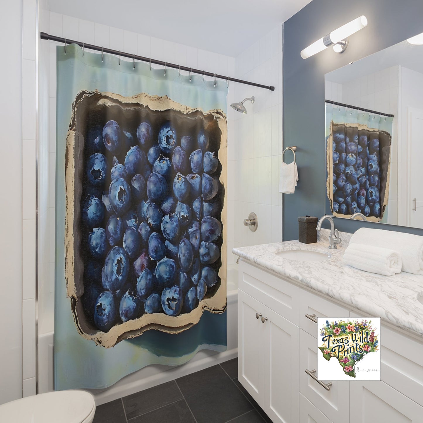 Cortina de ducha con estampado de frutas de arándanos | Inspirada en la naturaleza | Decoración de baño | 74” x 71”