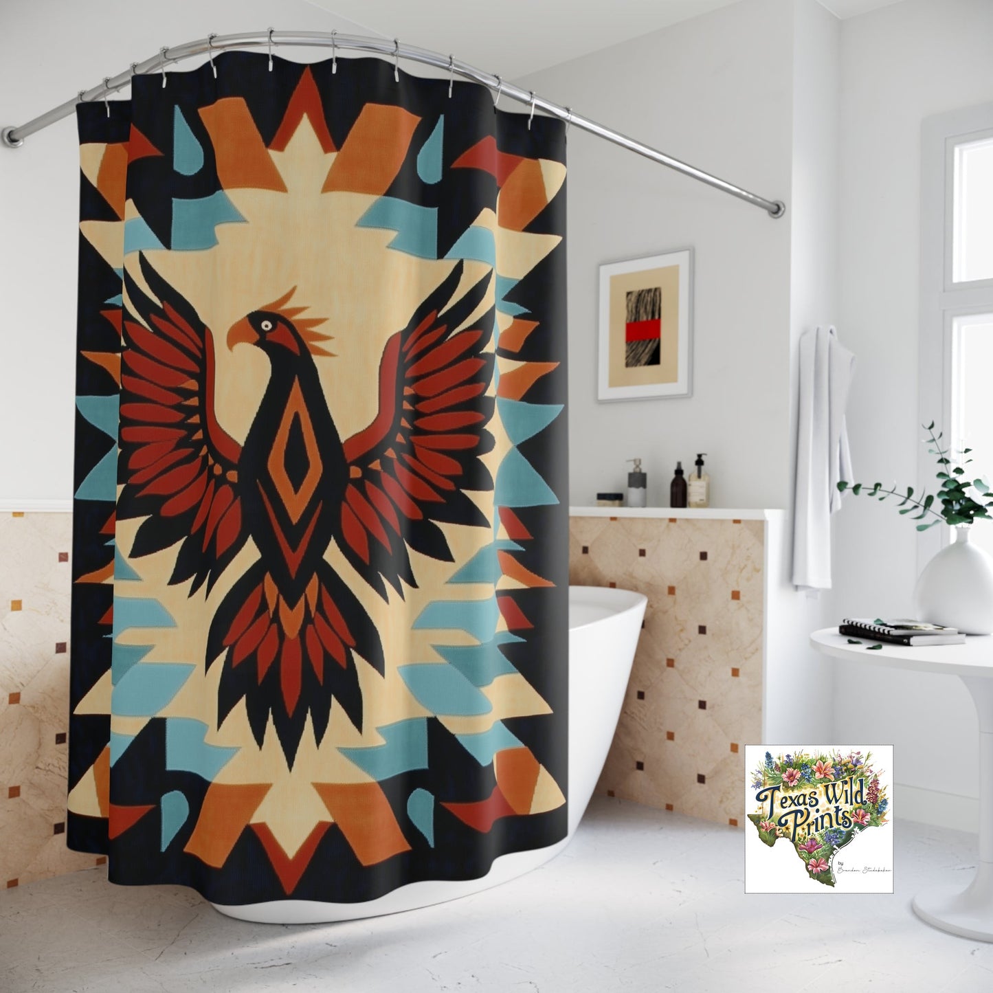 Phoenix Shower Curtain Southwestern Tribal Mythical Bird Design 71x74 Inch Desert Home Decor Hope Gift Inspirational Bathroom Art