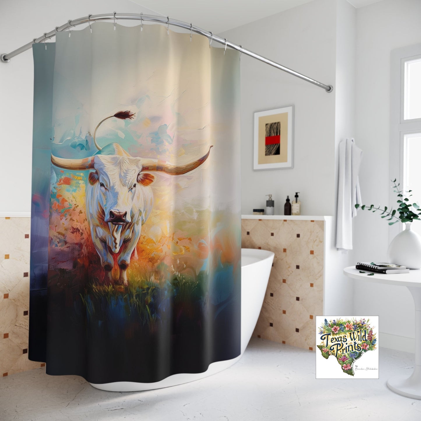 Farmhouse Animal Print Bathroom Shower Curtain Colorful Farmhouse Decor 71x74 Inch Texas Longhorn Lover Appreciation Present Rustic Home Style