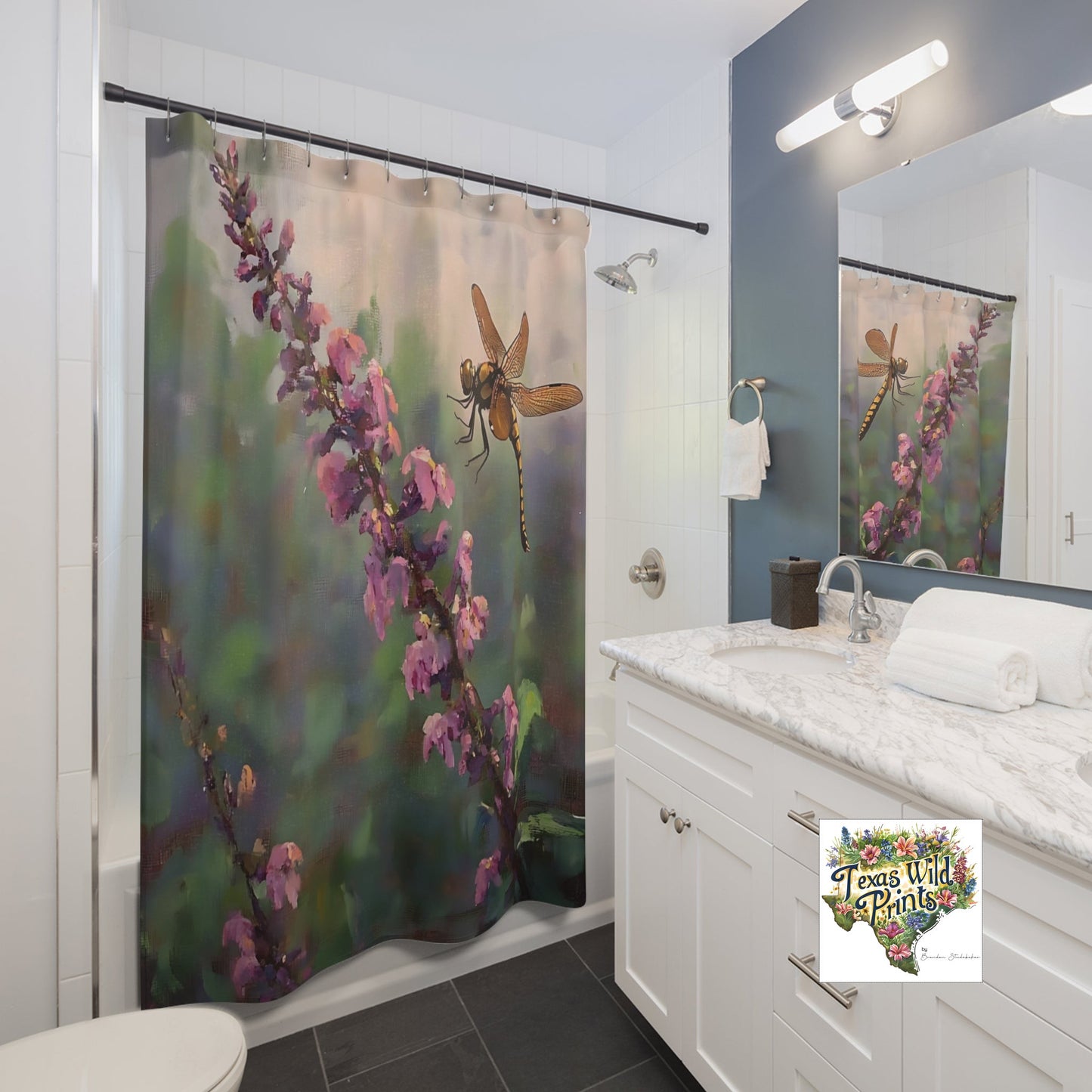 Golden Dragonfly Shower Curtain Blooming Buckeye Flower 71x74 Inch Floral Insect Bath Design Gift for Bug Lover Farmhouse Decor Pink Gold Elegant Home