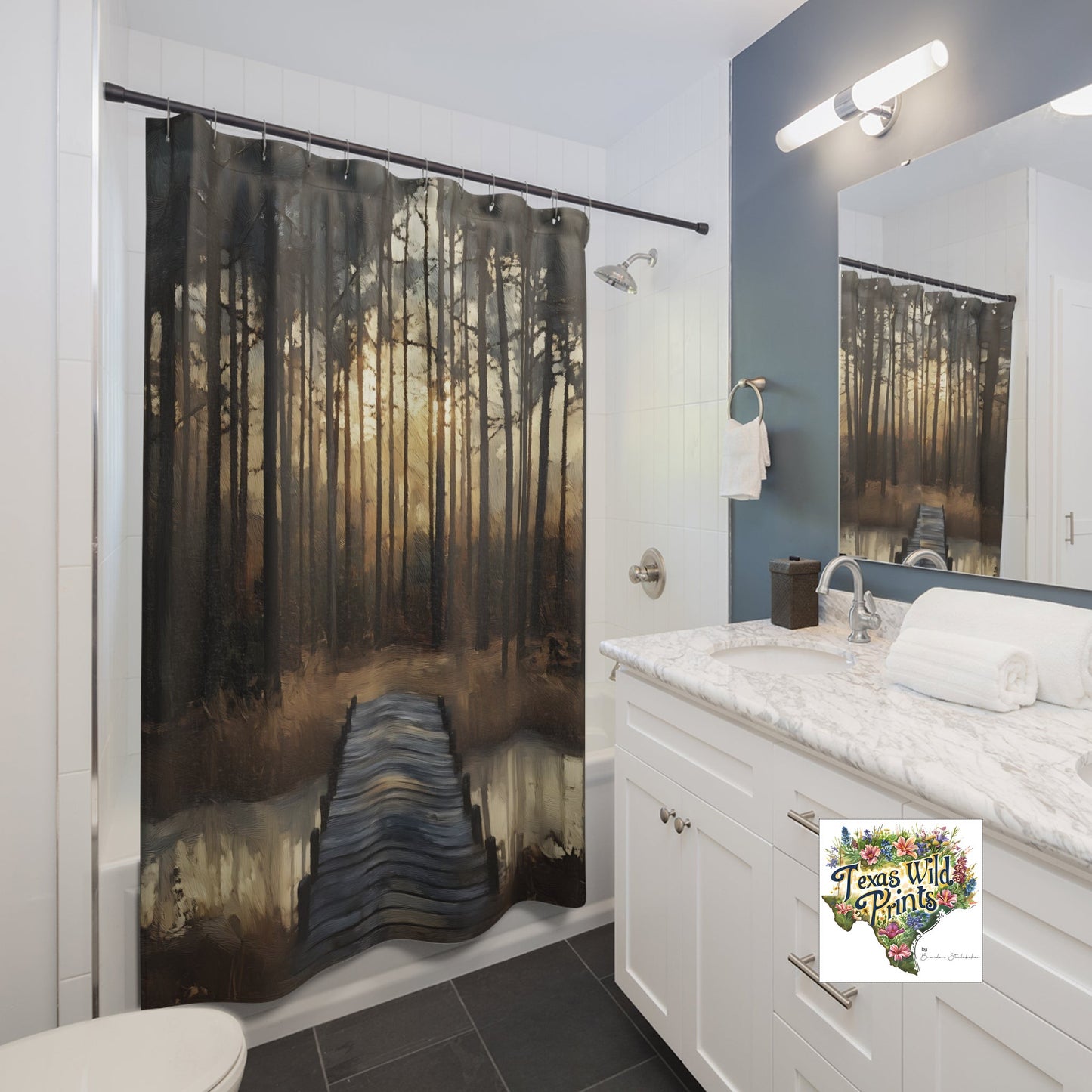 Relaxing Impressionist Forest and Pond Scene Print Shower Curtain | Premium | 71”x74” | Modern Contemporary Decor