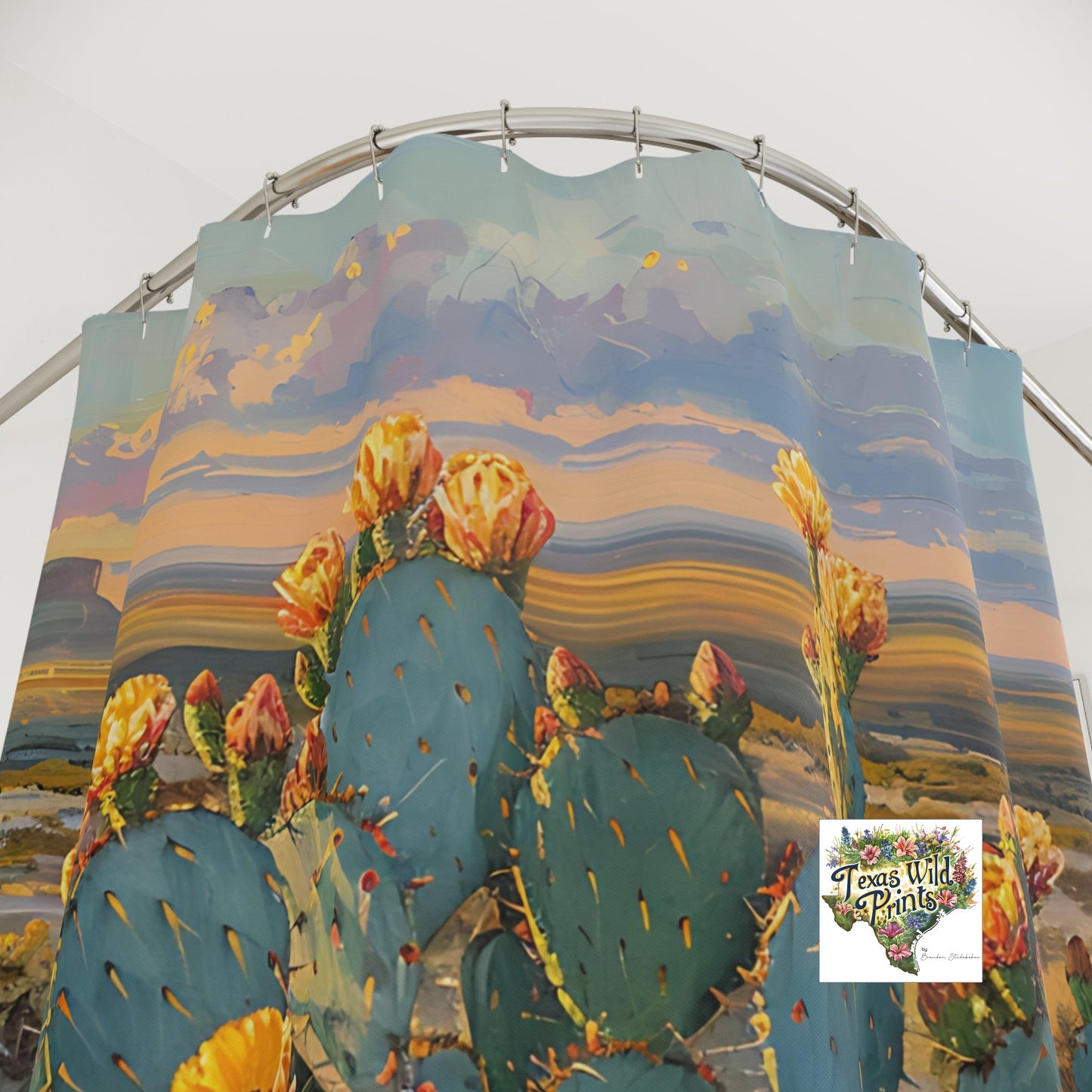 Prickly Pear Cactus Shower Curtain Yellow Floral Desert Art 71x74 Inch Arid Cactus Landscape Texas Flower Decor Southwestern Home Style