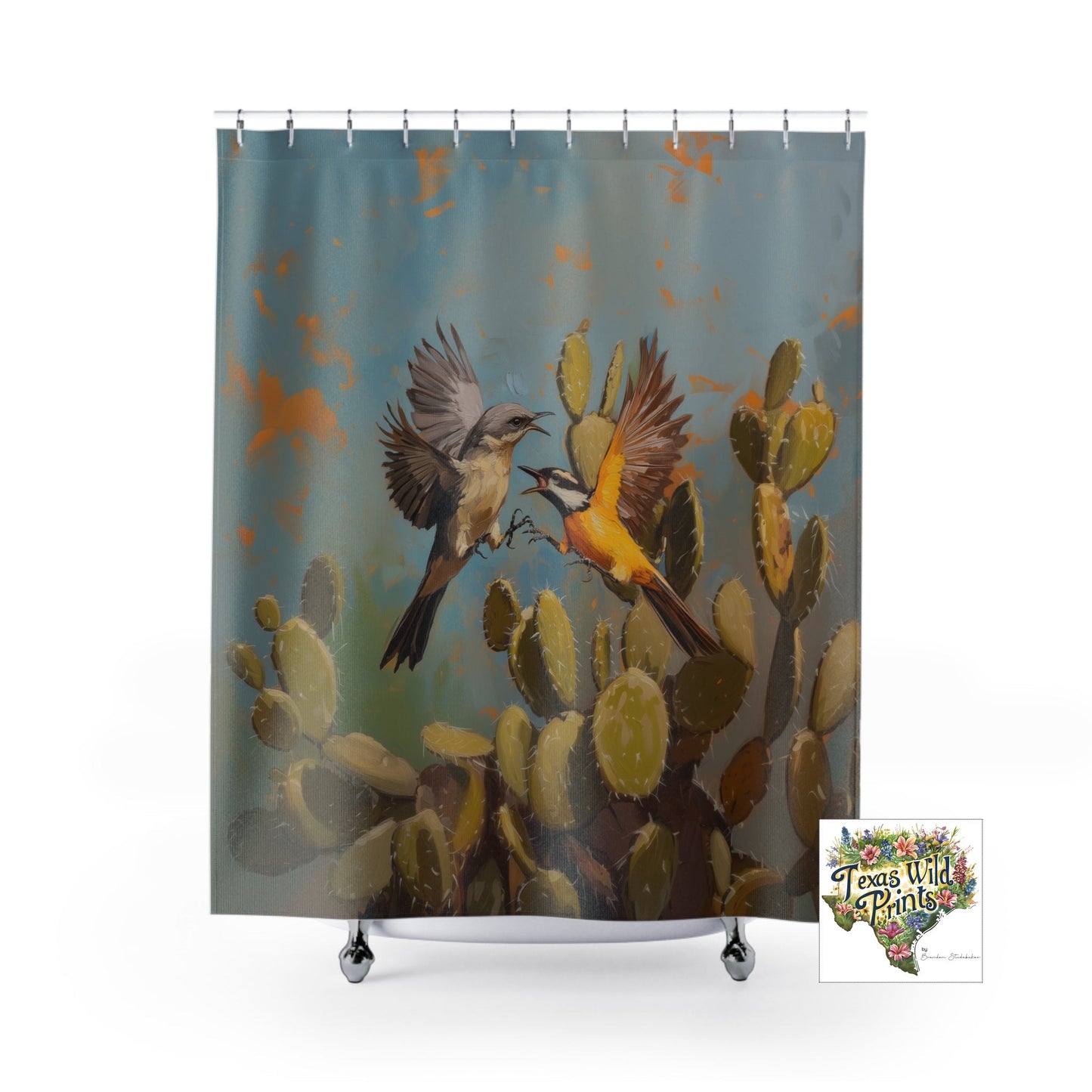 Unique Bird Fight Shower Curtain Original Mockingbird vs Kiskadee Art Long-Lasting Polyester Custom MTO 71x74 Nature Bathroom Decor