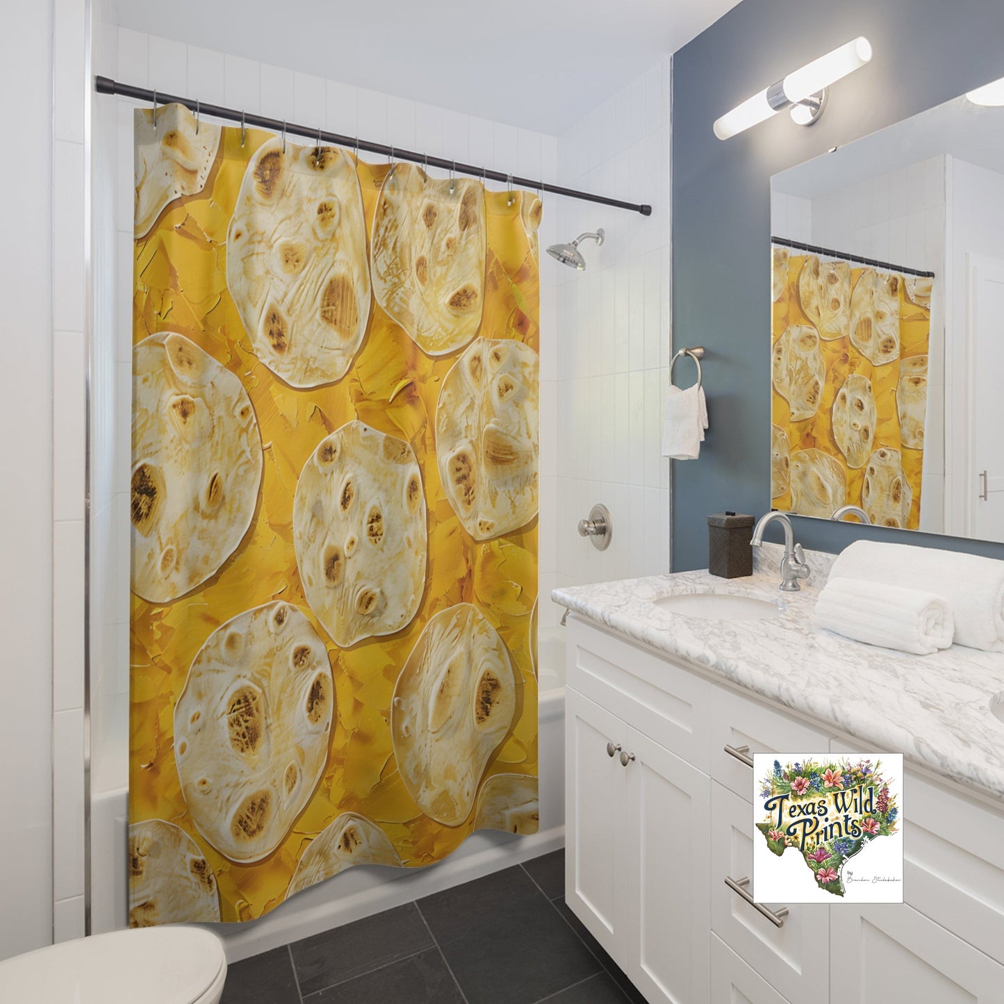 Cortina de ducha con tortilla amarilla | Decoración de comida | 74” x 71”