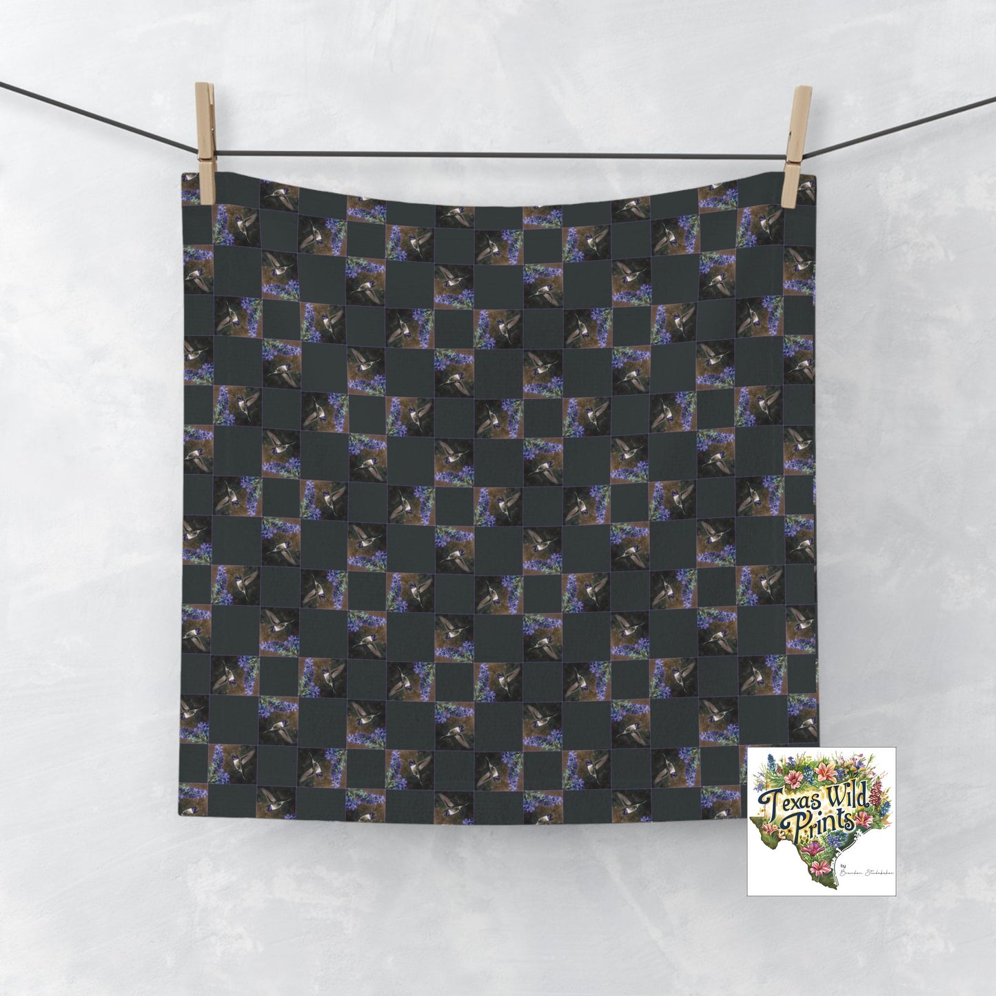 Black Chinned Hummingbird Geometric Towel Blue Sage Floral Mini Art 13x13 Bird Flower Face Towel Rustic Farmhouse Decor Southwestern Nature Lover Gift
