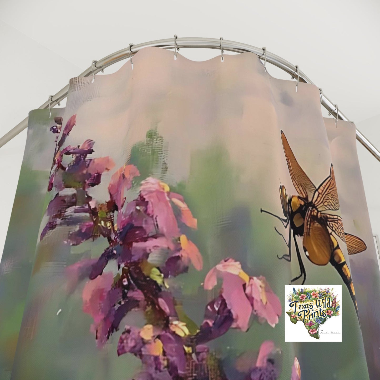 Golden Dragonfly Shower Curtain Blooming Buckeye Flower 71x74 Inch Floral Insect Bath Design Gift for Bug Lover Farmhouse Decor Pink Gold Elegant Home