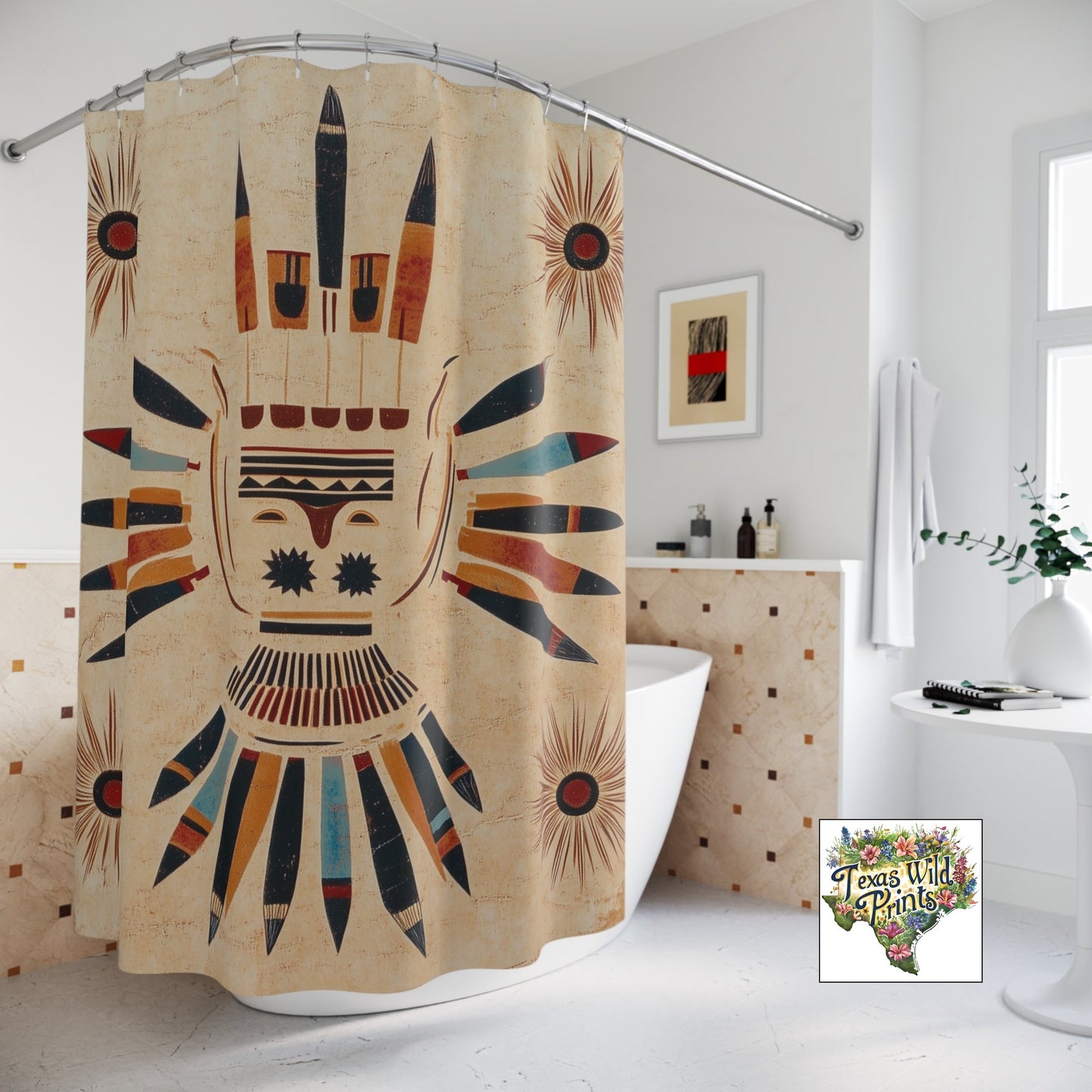 Southwestern Tribal Inspired Shower Curtain Ledger Paper Art 71x74 Inch Desert Home Decor Unique Artistic Gift Bathroom Decor