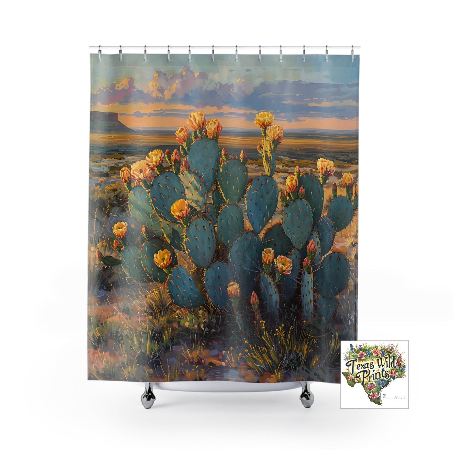 Prickly Pear Cactus Shower Curtain Yellow Floral Desert Art 71x74 Inch Arid Cactus Landscape Texas Flower Decor Southwestern Home Style