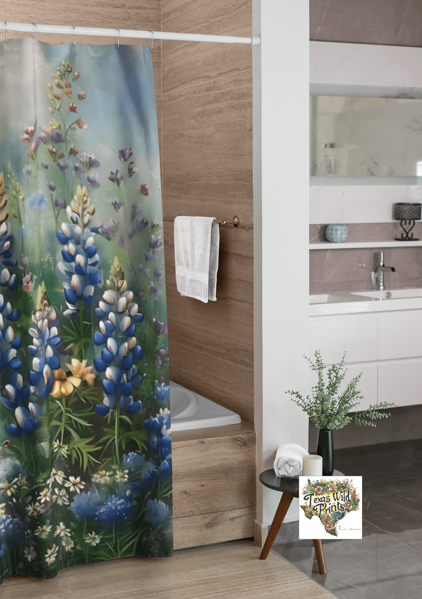 Unique Bluebonnet Shower Curtain Texas Wildflower Floral Art 71x74 Inch French Country Bathroom Decor Special Gift for Grandma Artistic Landscape