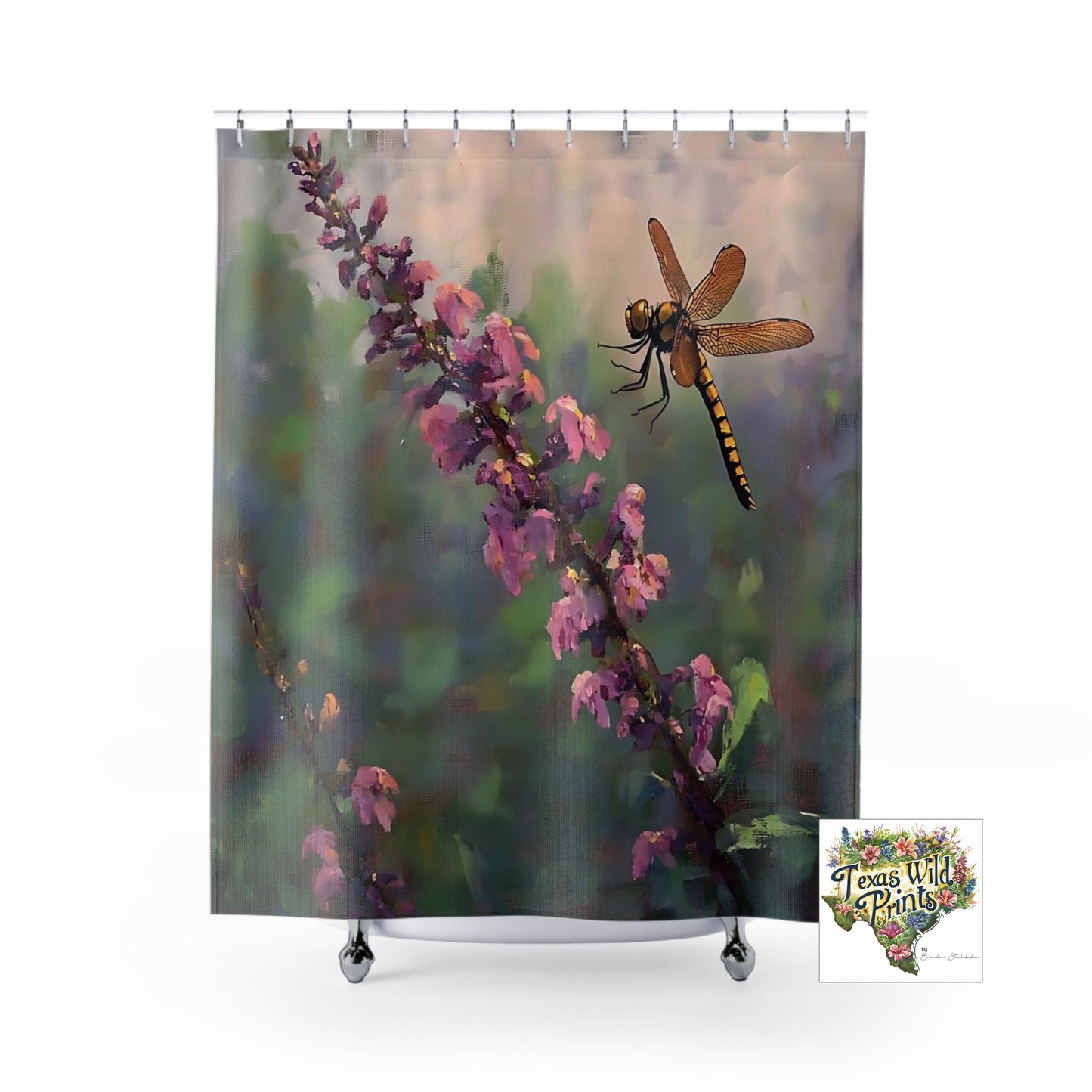 Golden Dragonfly Shower Curtain Blooming Buckeye Flower 71x74 Inch Floral Insect Bath Design Gift for Bug Lover Farmhouse Decor Pink Gold Elegant Home