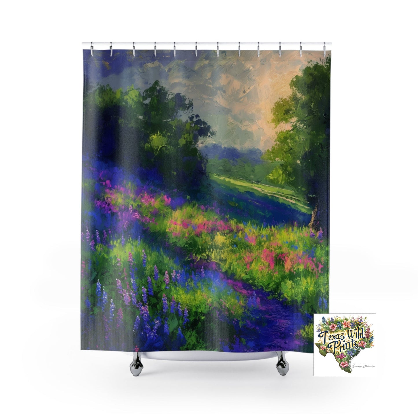 Evening Blues Bluebonnets Shower Curtain Floral Impressionist Art 71x74 Inch Modern Bath Decor Landscape Scene Luxury Gifts Texas Wildflowers