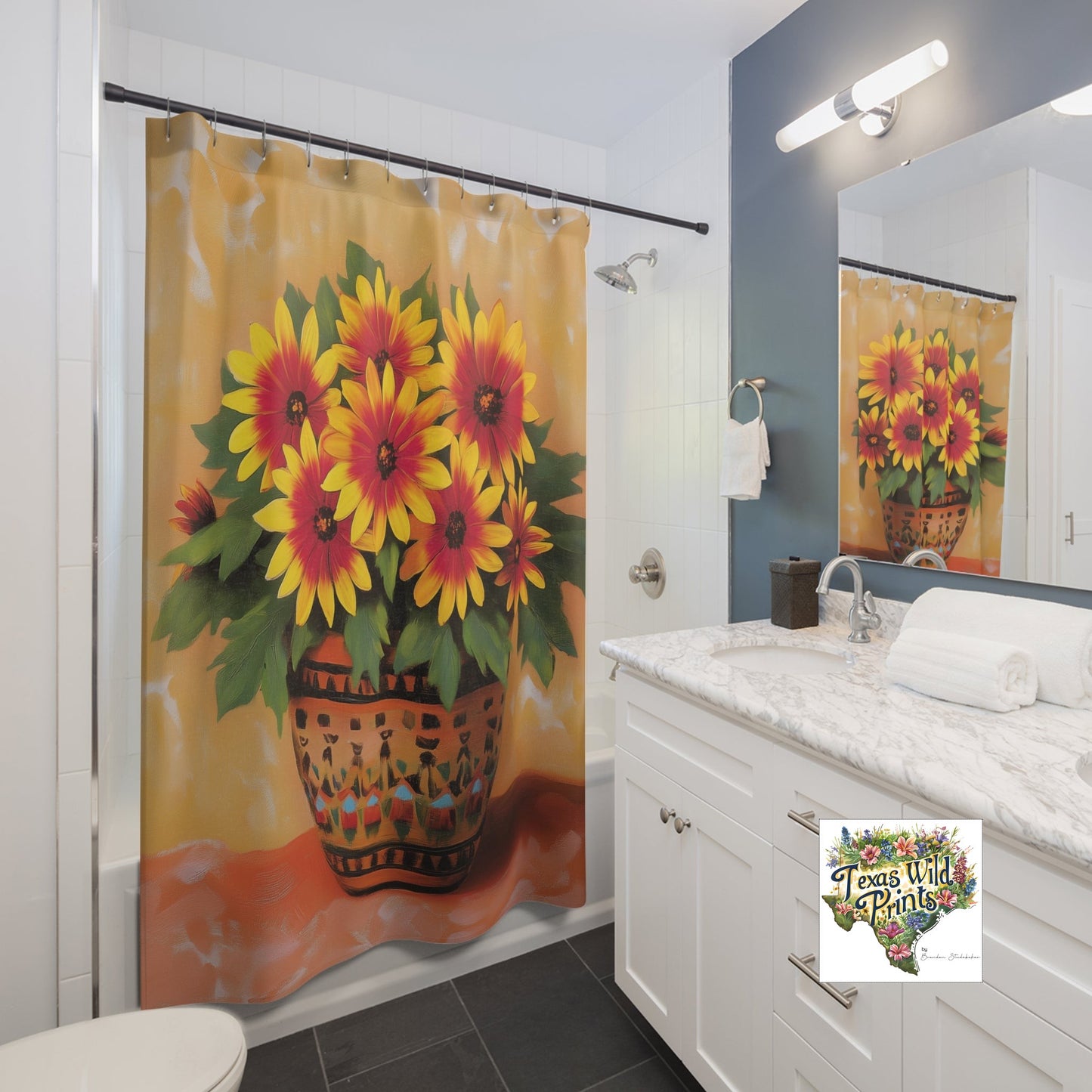 Indian Blanket Wildflower Shower Curtain Southwestern Floral Art 71x74 Inch Rustic Bath Decor Terracotta Pot Print Unique Mother's Day Gift Texas Wildflowers