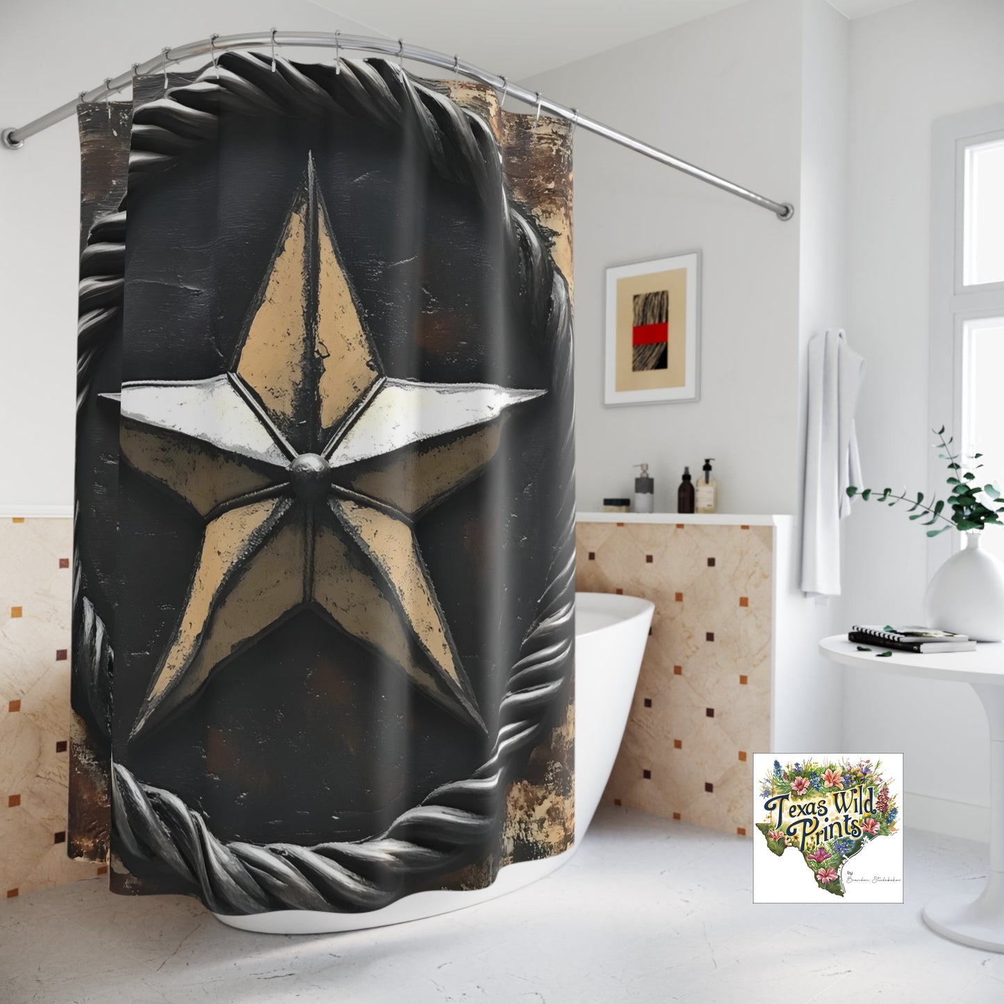 Metallic Pewter Lone Star Shower Curtain Texas History Decor 71x74 Vintage Rustic Southwestern Bathroom Accent Southern Country Pride