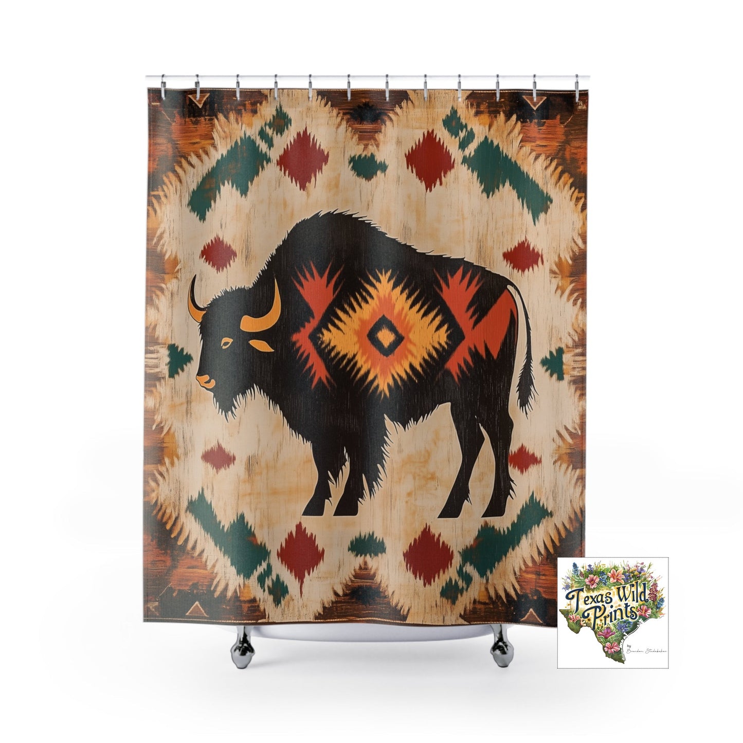 American Bison Print Shower Curtain Southwestern Tribal Style 71x74 Inch Boho Farmhouse Bath Decor Rustic Wildlife Art Gift