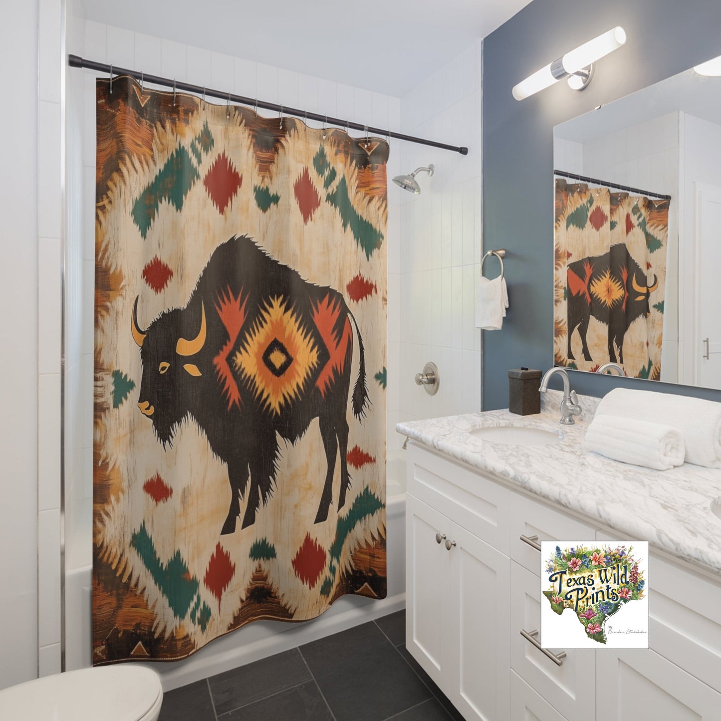 American Bison Print Shower Curtain Southwestern Tribal Style 71x74 Inch Boho Farmhouse Bath Decor Rustic Wildlife Art Gift