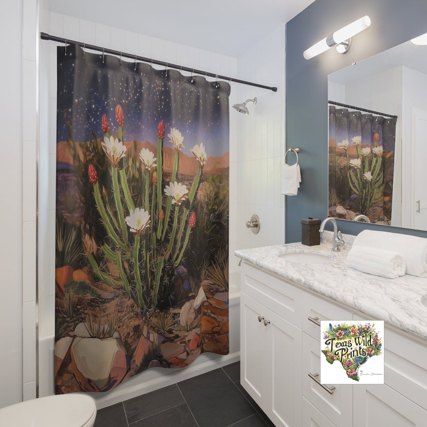 Starry Night Cactus Flower Shower Curtain Custom Made MTO 71x74 Polyester Bohemian Bath Decor Southwestern Bathroom Art