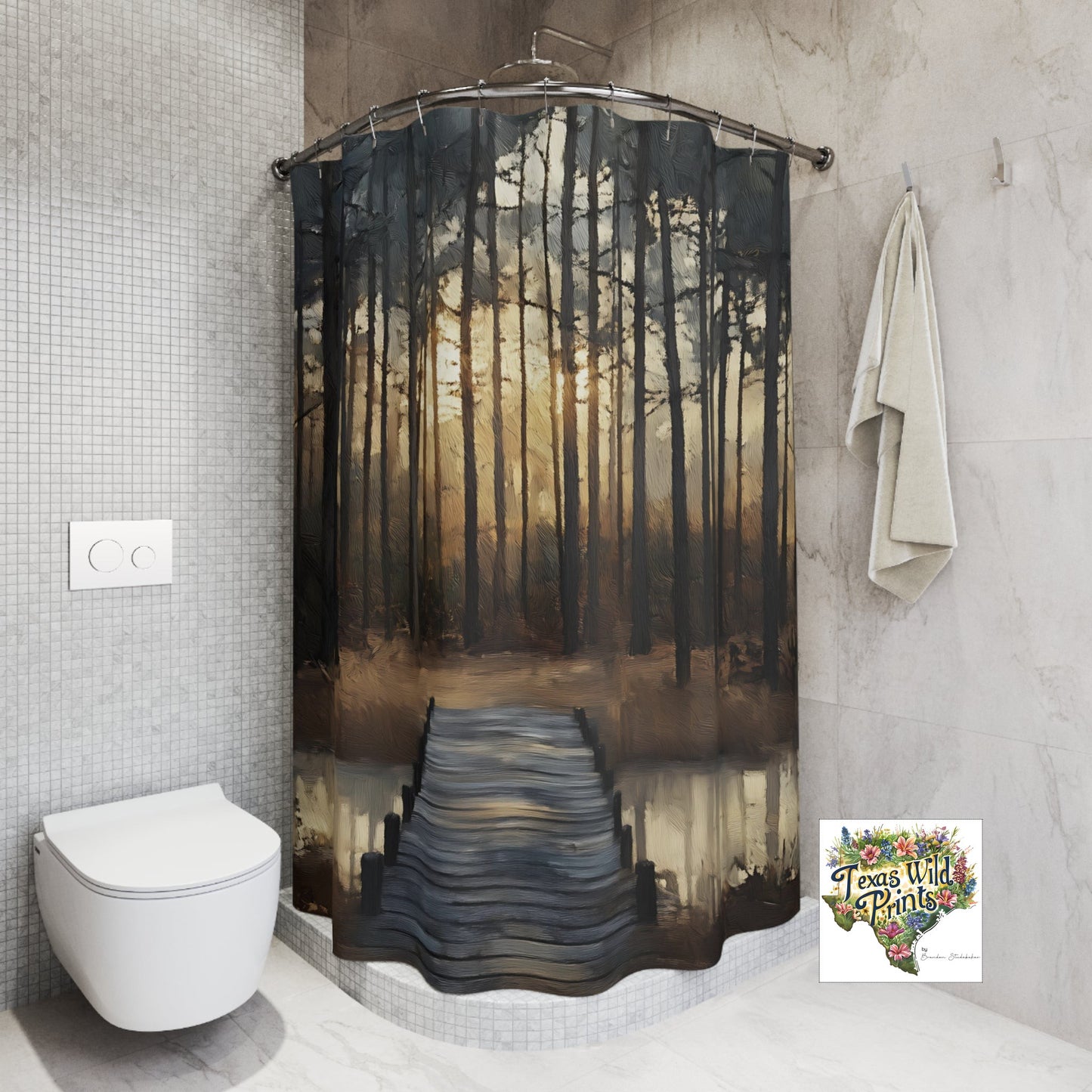 Relaxing Impressionist Forest and Pond Scene Print Shower Curtain | Premium | 71”x74” | Modern Contemporary Decor