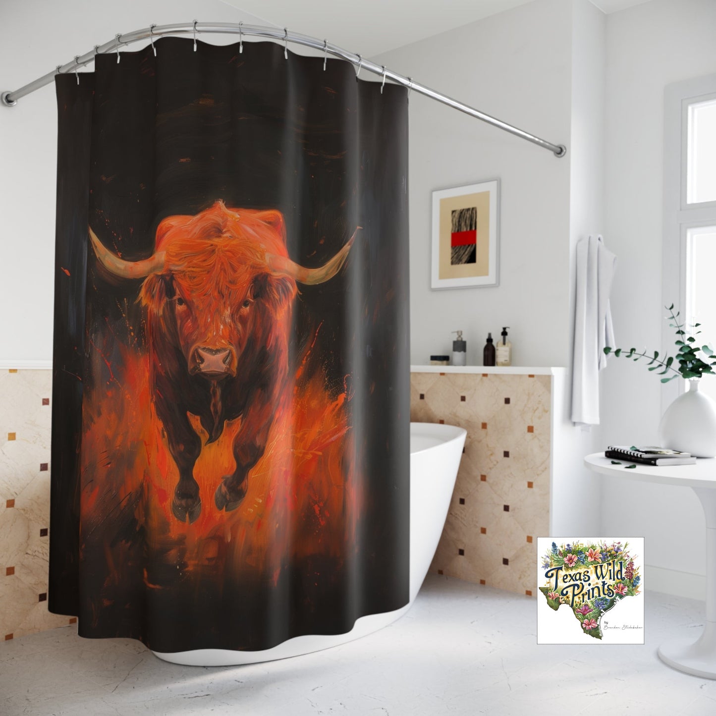 Red Hot Texas Longhorn Bull Shower Curtain 71x74 Western Home Decor Modern Rustic Ranch Interior Design Unique Gift for Cowboy Southwestern Flair