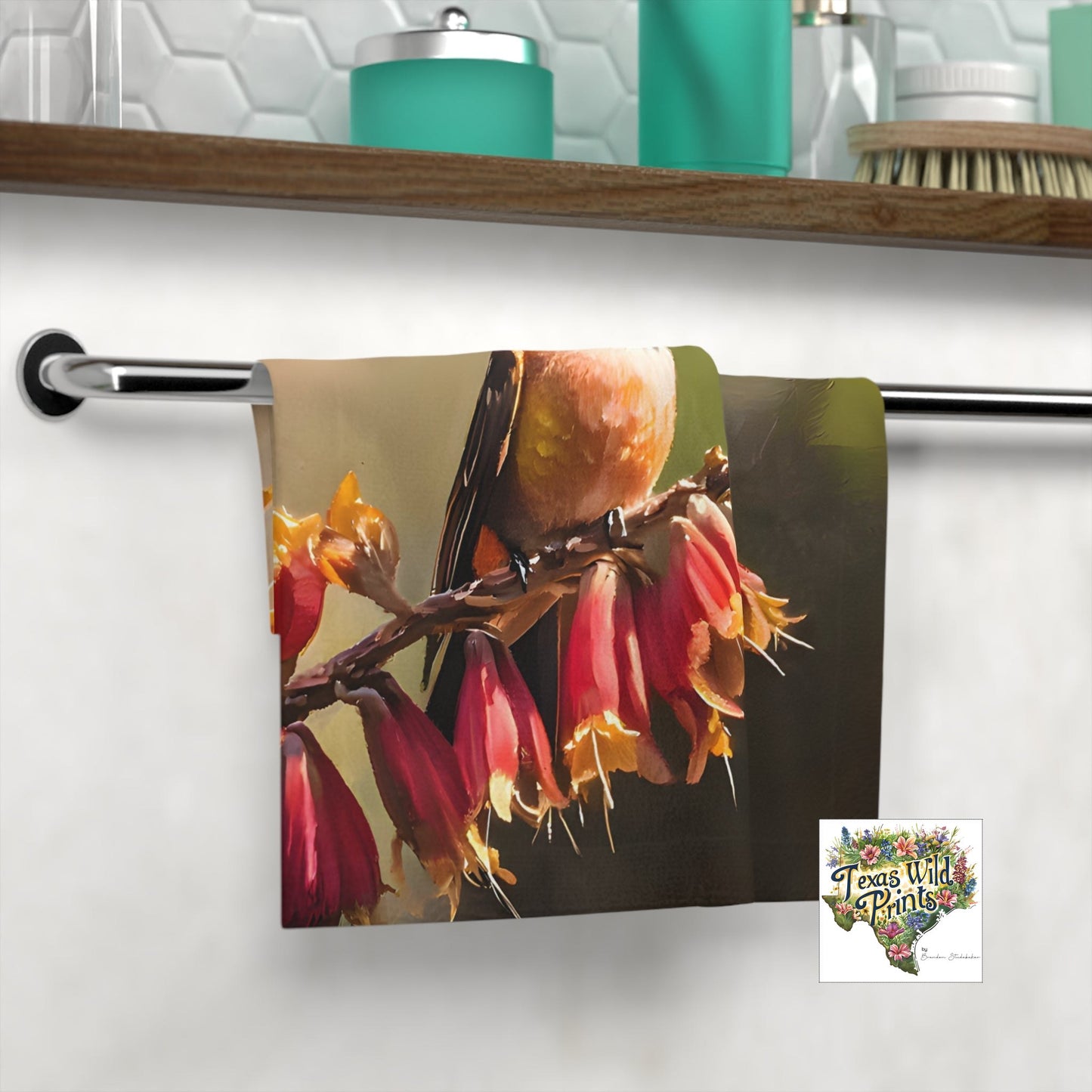 Cotton Decorative Towel Country Decor Rufous Hummingbird Face Cloth Red Yucca Floral Design Unique Contemporary Farmhouse Gift Artistic Home Accent