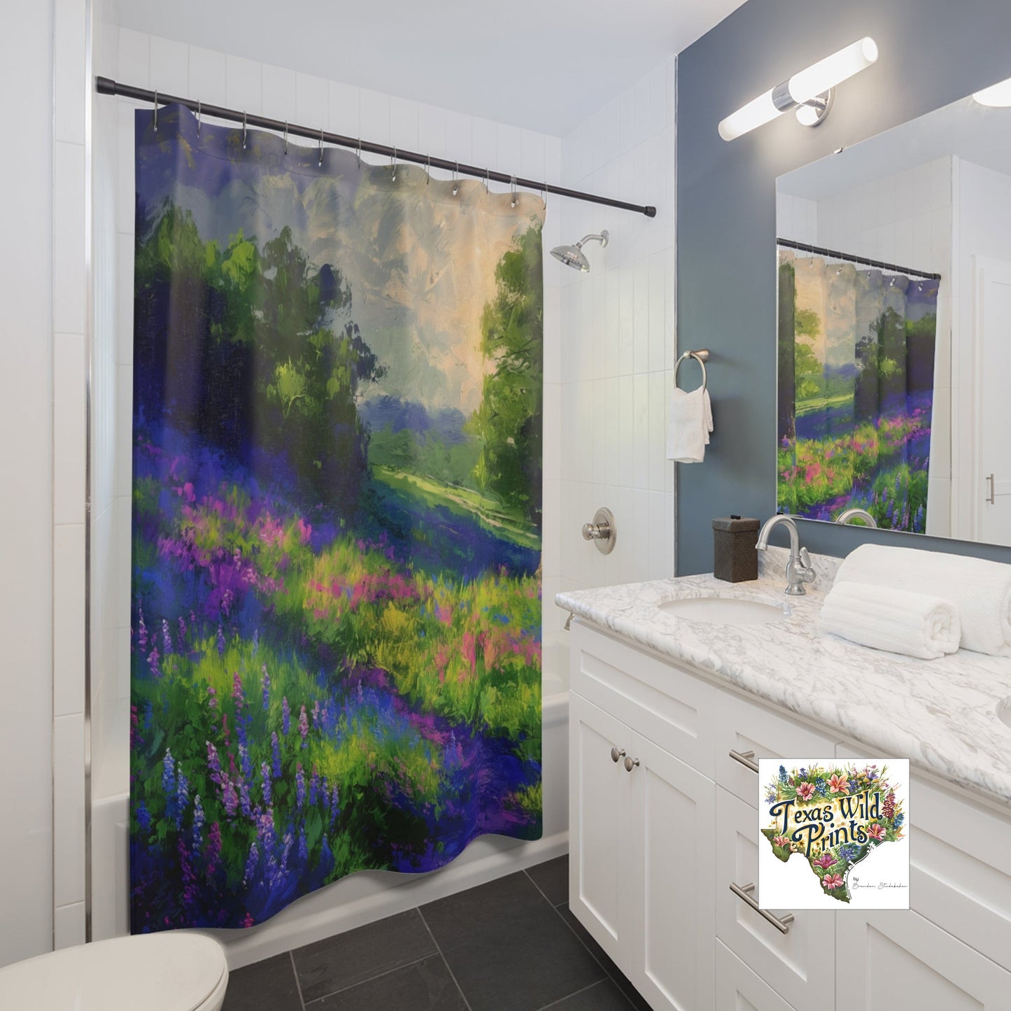 Evening Blues Bluebonnets Shower Curtain Floral Impressionist Art 71x74 Inch Modern Bath Decor Landscape Scene Luxury Gifts Texas Wildflowers