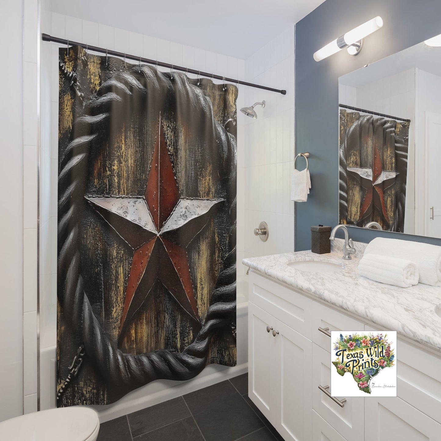 Bold Red Lone Star Shower Curtain Premium Rustic Farmhouse Bath Decor Gift Texas Western Style 71x74 Inch Patriotic Southwest Home Accent